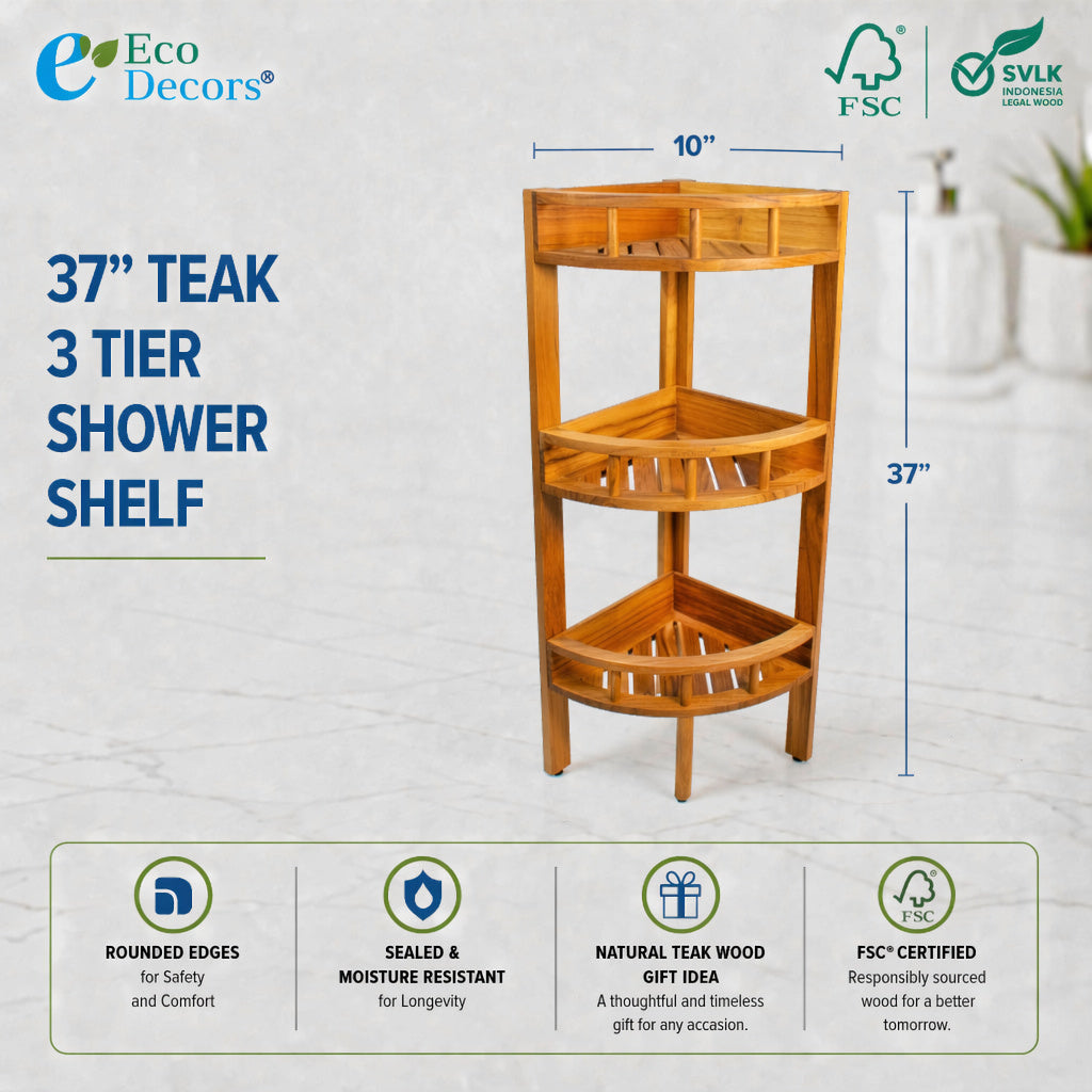 EcoDecors 35" Snazzy Corner Teak Shower Shelf – 3 Tier Waterproof Corner Shower Organizer with Protective Shelf Rails, Solid Teak Bathroom Storage Shelf, Freestanding Spa Corner Stand