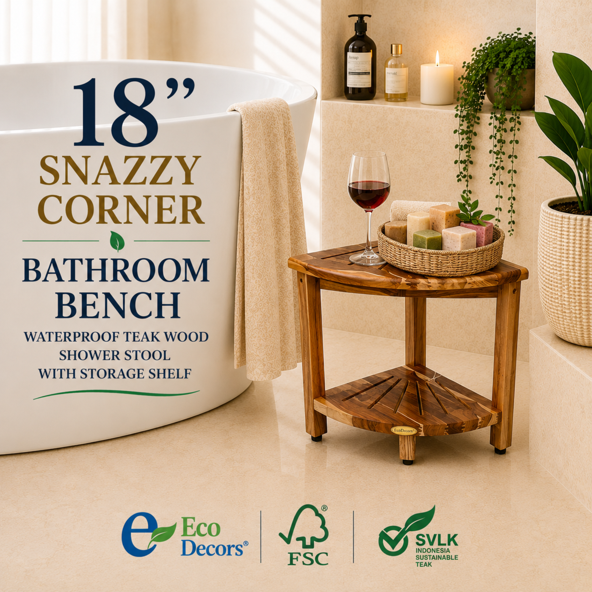 EcoDecors 18" Teak Corner Shower Bench with Shelf – Waterproof Shower Stool for Inside Shower, Non-Slip Bathroom Seat, Spa Storage Bench, Supports 300 lbs