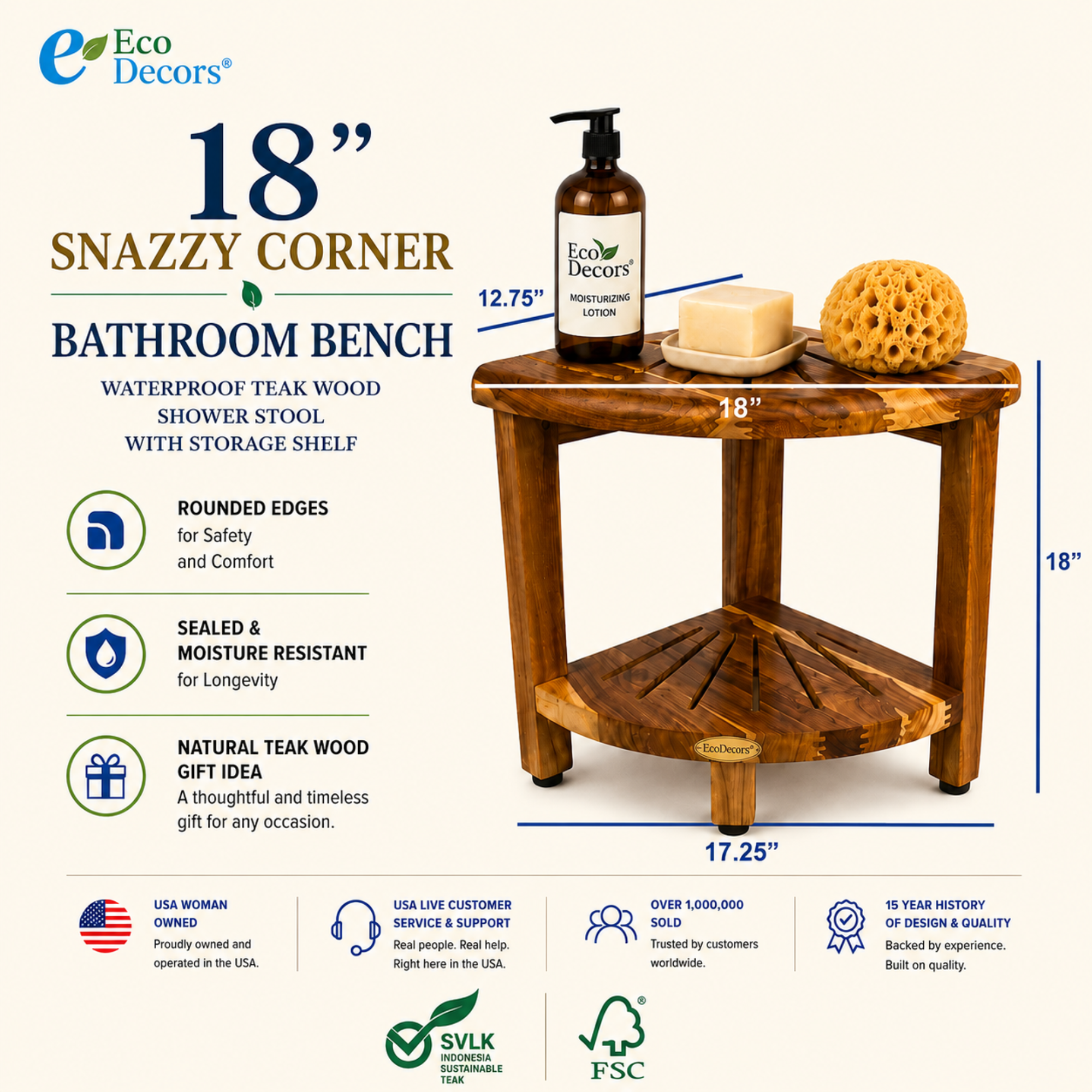 EcoDecors 18" Teak Corner Shower Bench with Shelf – Waterproof Shower Stool for Inside Shower, Non-Slip Bathroom Seat, Spa Storage Bench, Supports 300 lbs