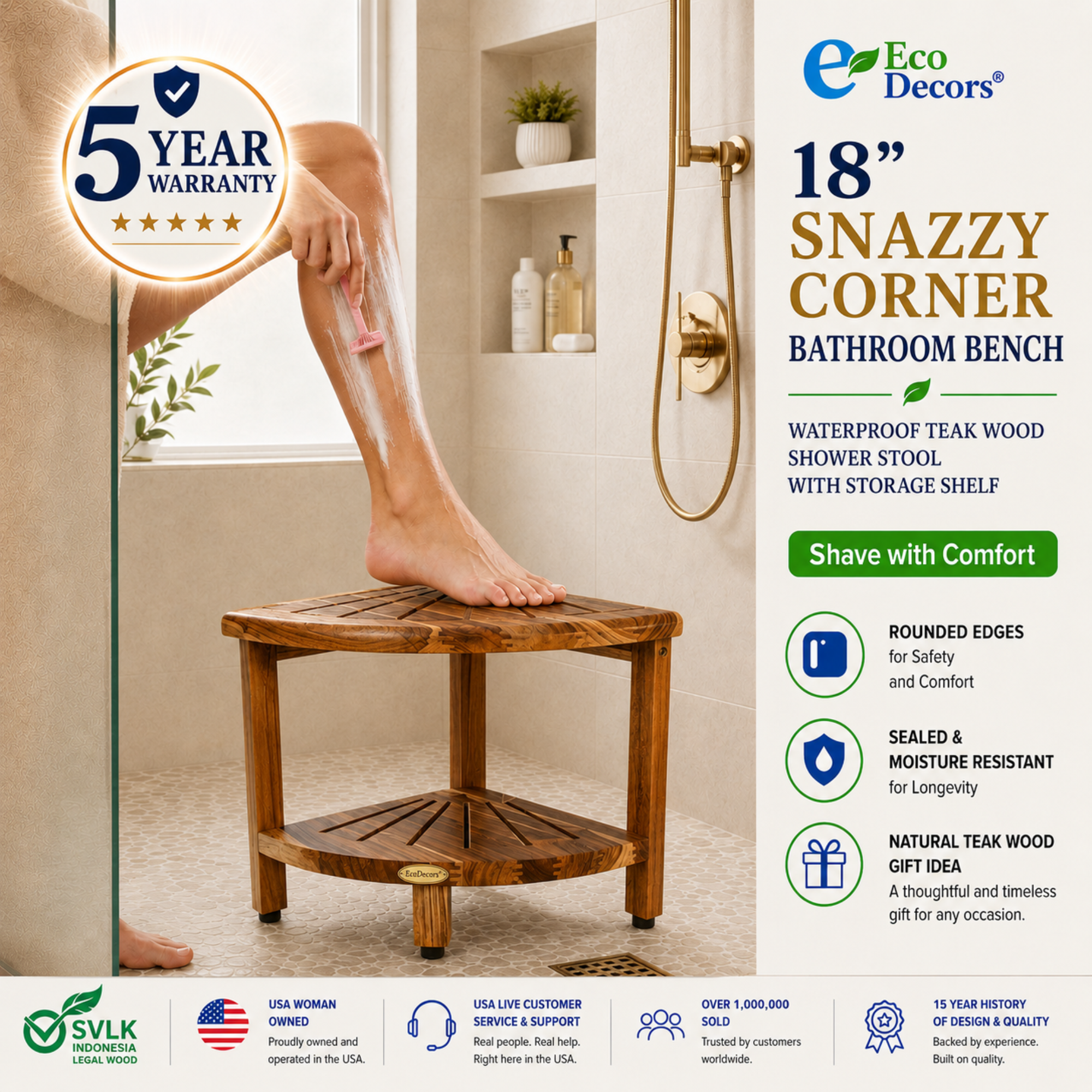 EcoDecors 18" Teak Corner Shower Bench with Shelf – Waterproof Shower Stool for Inside Shower, Non-Slip Bathroom Seat, Spa Storage Bench, Supports 300 lbs