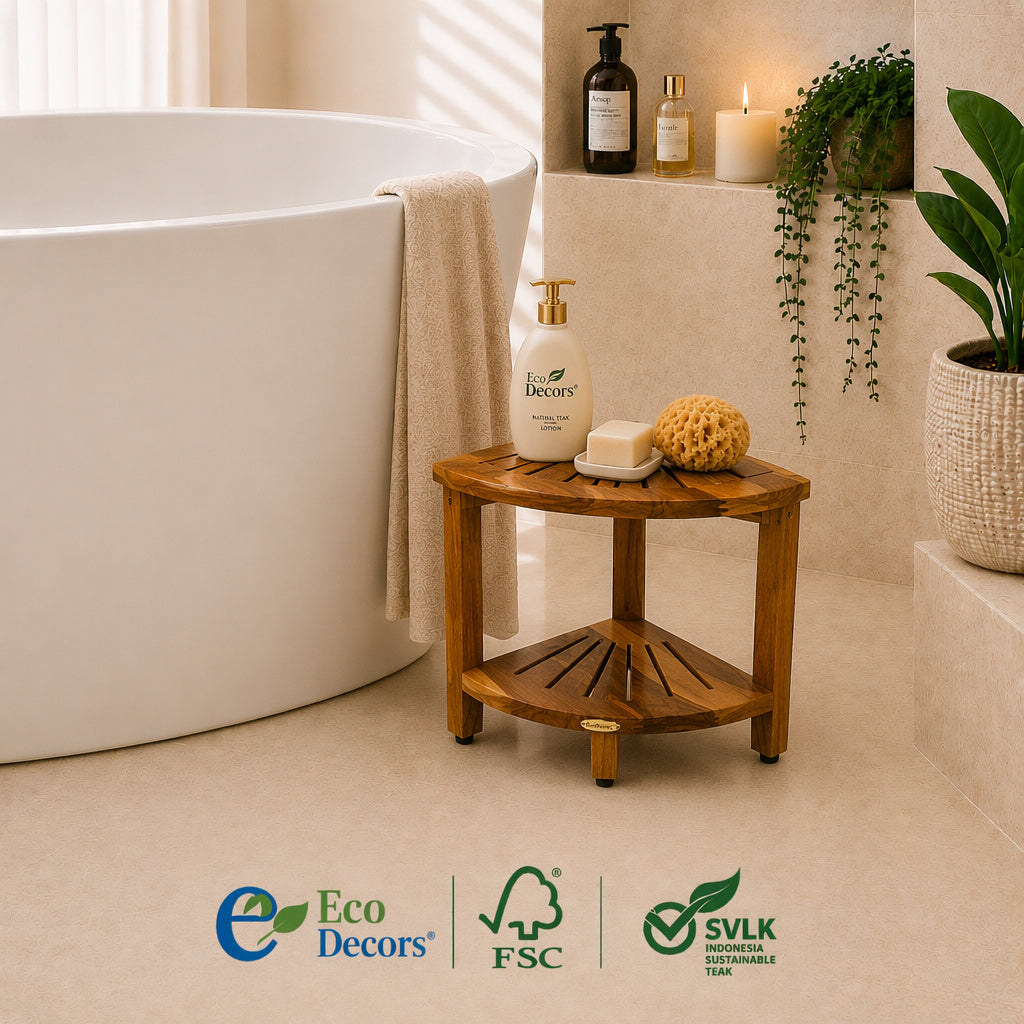EcoDecors 18" Teak Corner Shower Bench with Shelf – Waterproof Teak Shower Seat for Inside Shower, Corner Bathroom Storage Shelf, Non-Slip Adjustable Feet, Solid Teak Wood Stool