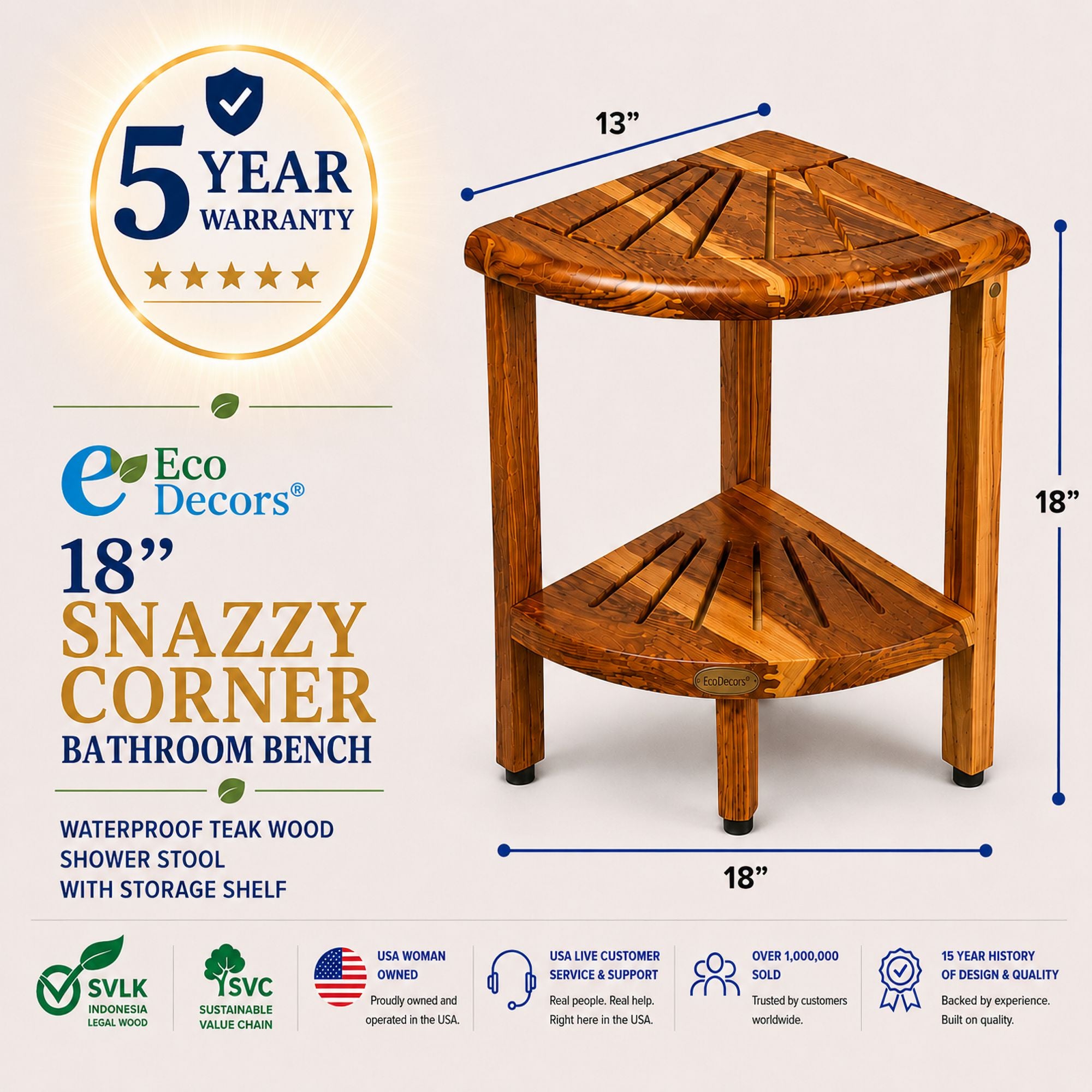 EcoDecors 18" Teak Corner Shower Bench with Shelf – Waterproof Teak Shower Seat for Inside Shower, Corner Bathroom Storage Shelf, Non-Slip Adjustable Feet, Solid Teak Wood Stool