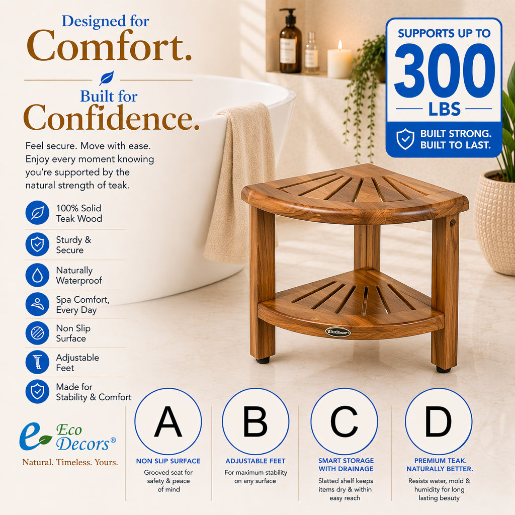 EcoDecors Teak Corner Shower Bench 13" with Shelf – Waterproof Bathroom Stool, Adjustable Non-Slip Feet