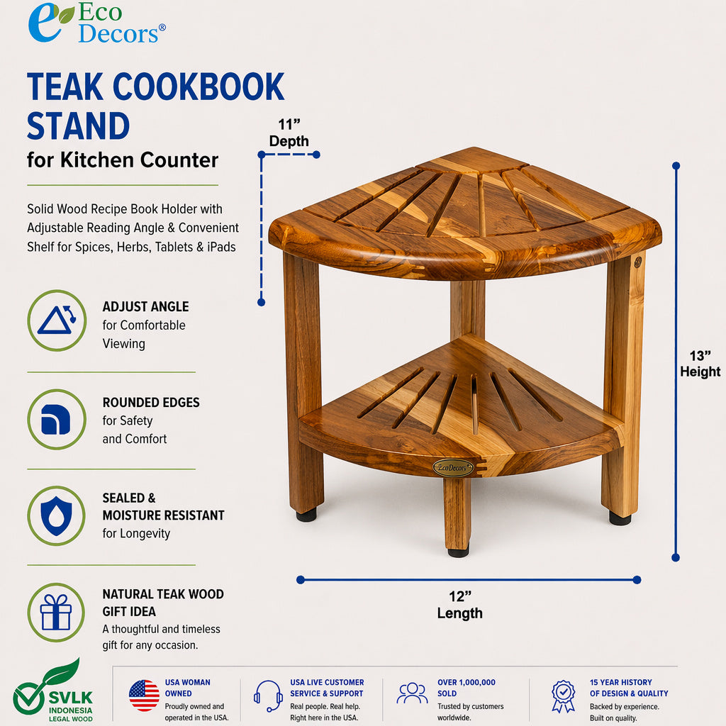 EcoDecors Teak Corner Shower Bench 13" with Shelf – Waterproof Bathroom Stool, Adjustable Non-Slip Feet