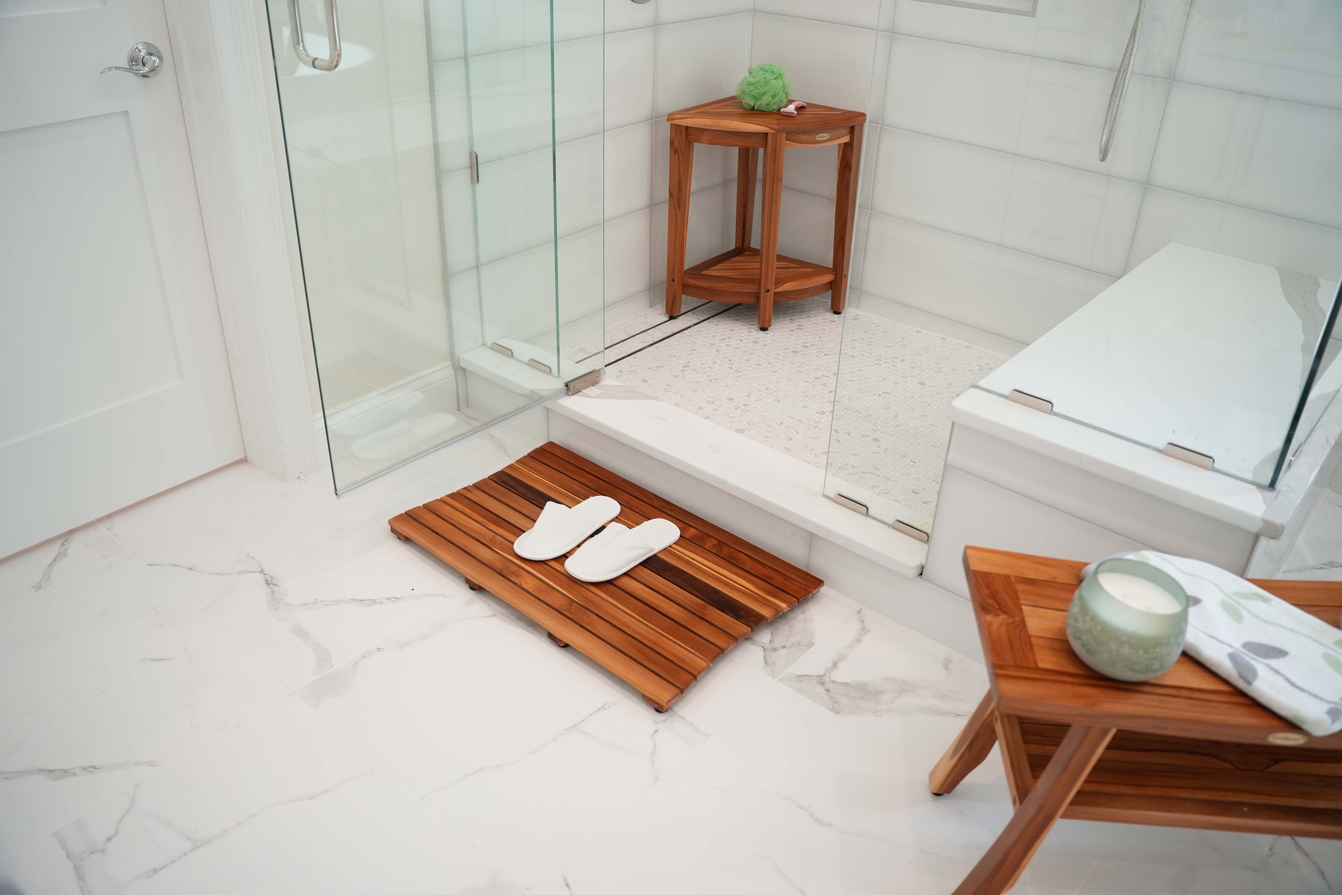 EcoDecors® SnazzyCorner® 24"H Teak Corner Extended Height Shower Bench with Shelf in EarthyTeak Finish