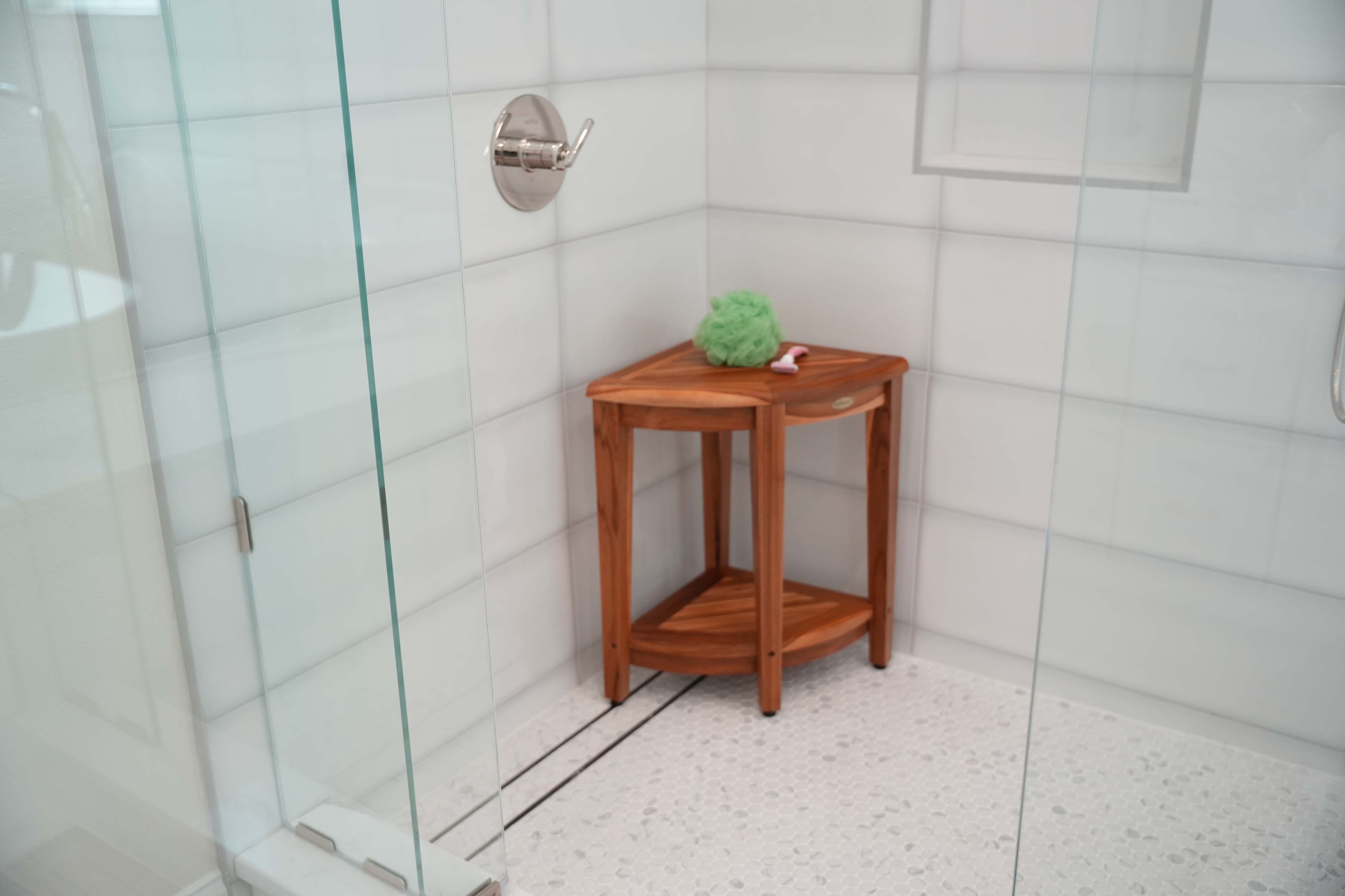 EcoDecors® SnazzyCorner® 24"H Teak Corner Extended Height Shower Bench with Shelf in EarthyTeak Finish
