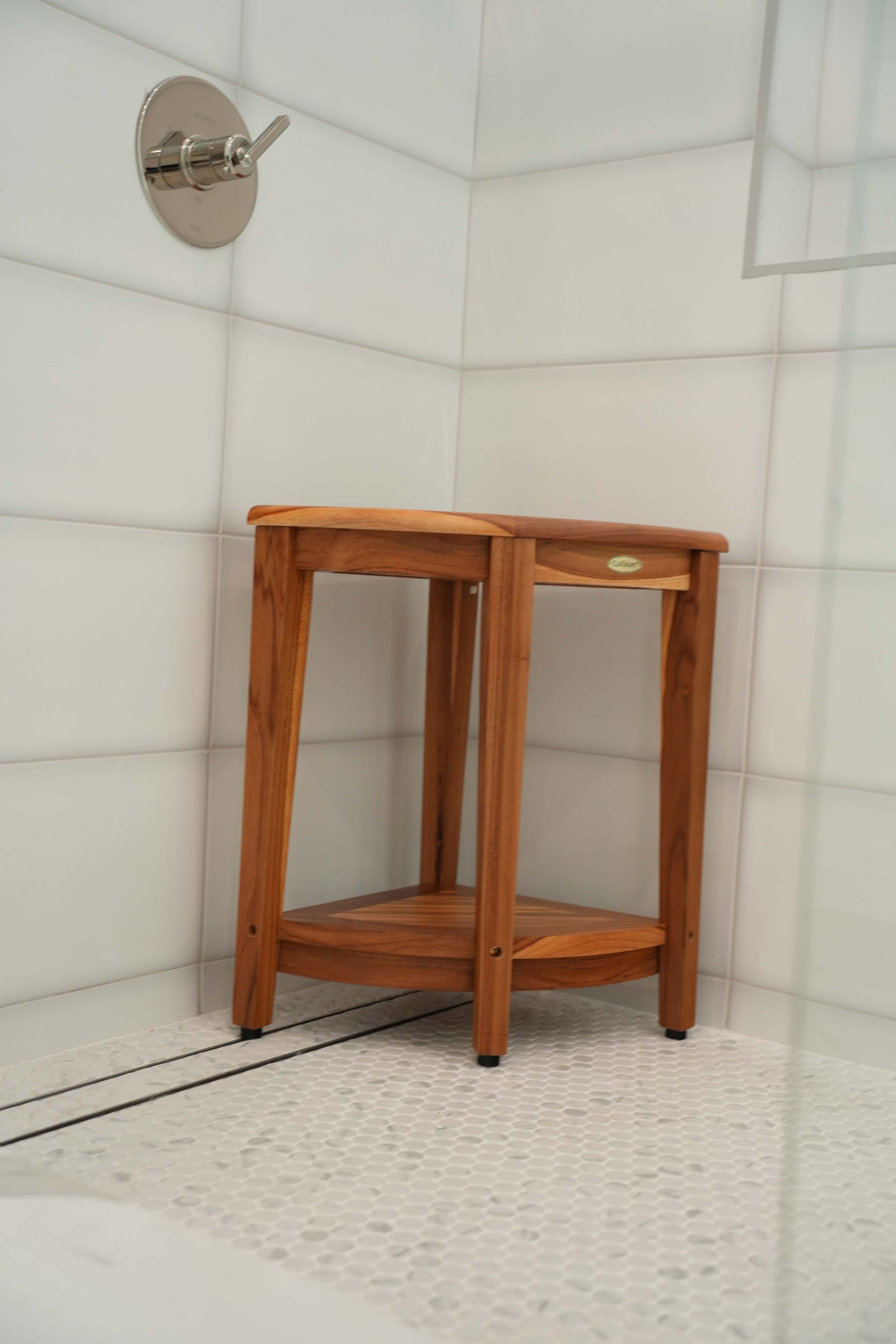 EcoDecors® SnazzyCorner® 24"H Teak Corner Extended Height Shower Bench with Shelf in EarthyTeak Finish