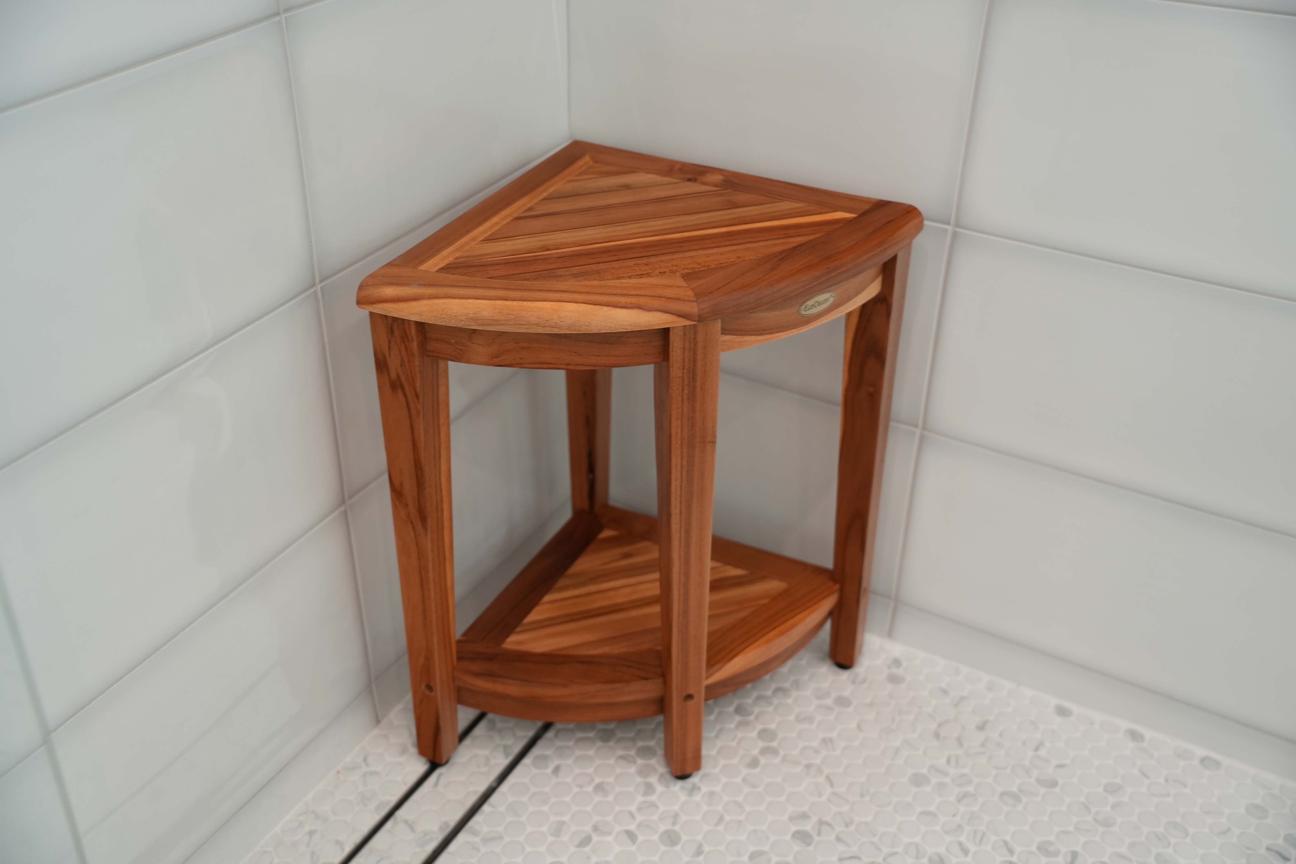 EcoDecors® SnazzyCorner® 24"H Teak Corner Extended Height Shower Bench with Shelf in EarthyTeak Finish