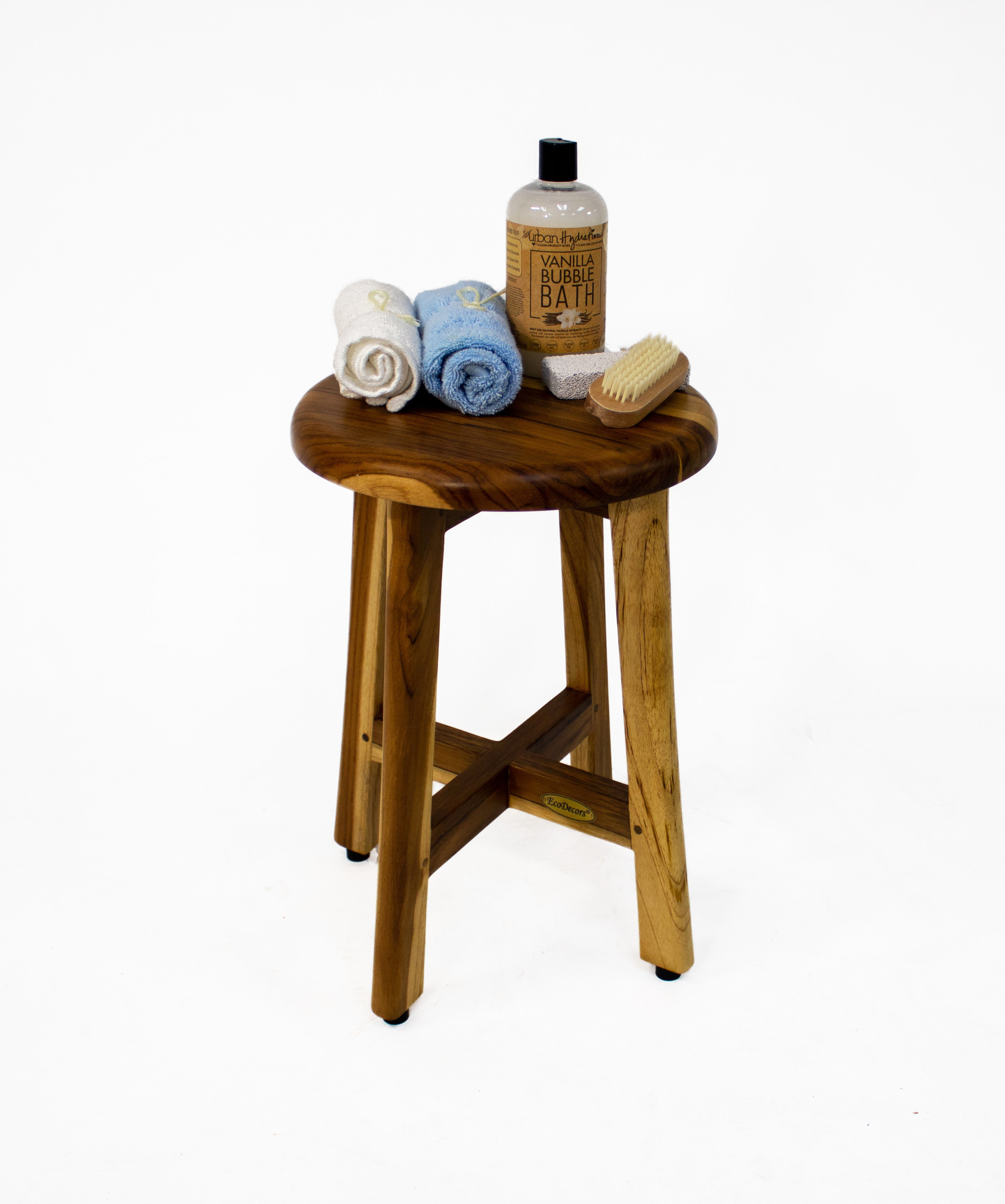EcoDecors® Shoji® 18" Teak Wood Shower Stool with 12" Round Seat in EarthyTeak Finish - EcoDecors® Eleganto® 12” Teak Bathroom Shaving Foot Rest
