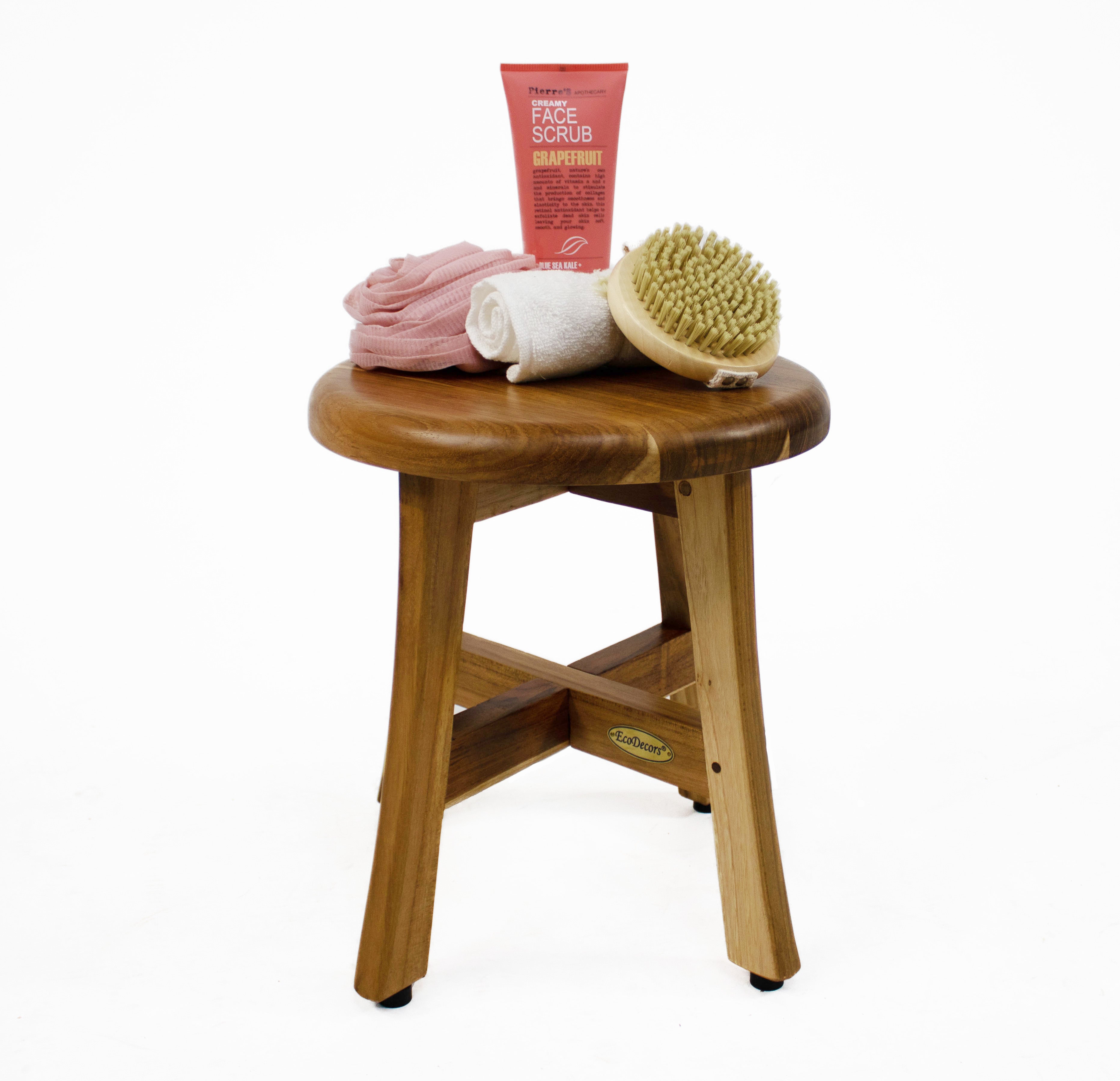 EcoDécors® Shoji® 13.5” Teak Wood Round Compact Shaving Shower Foot Stool