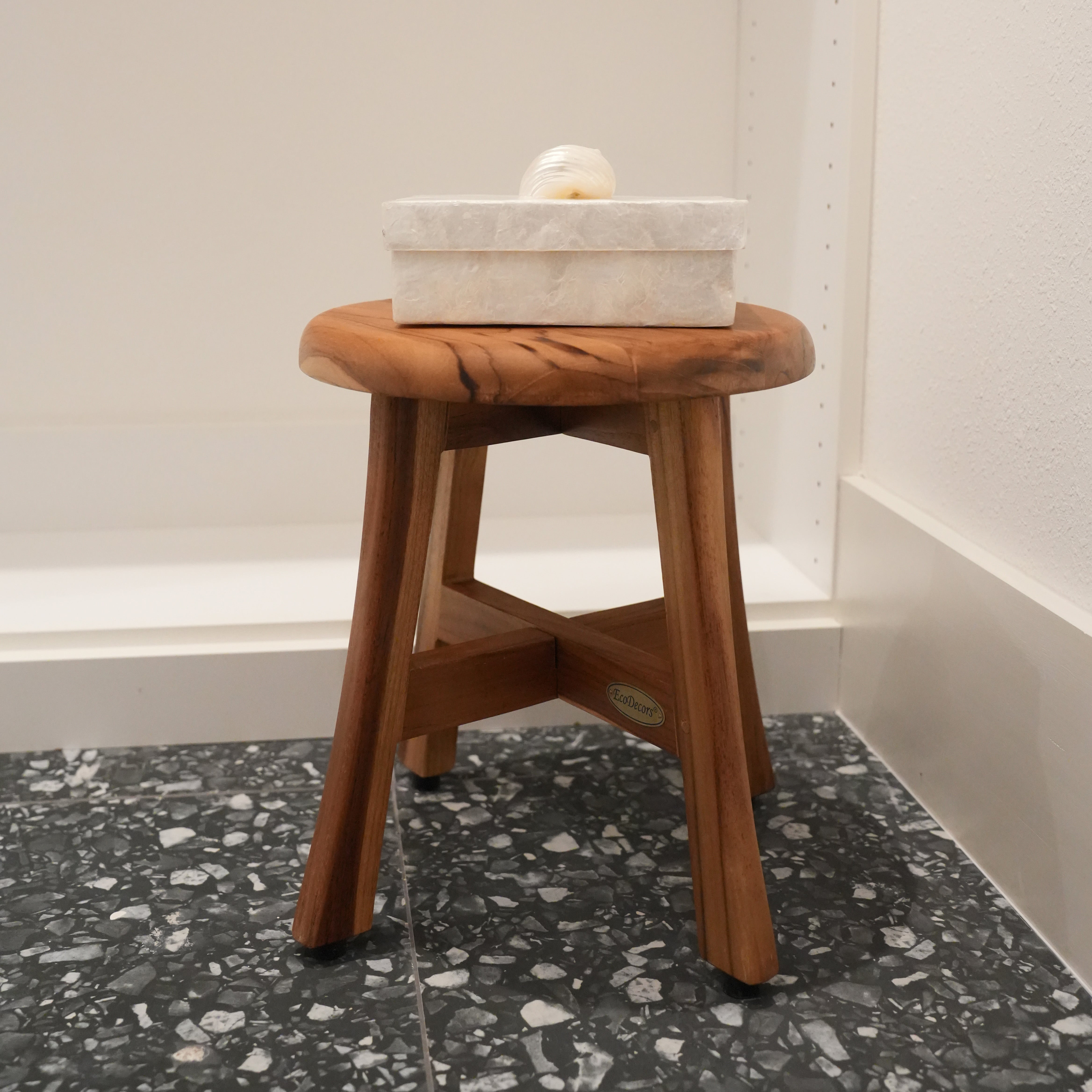 EcoDecors® Shoji® 13.5” Teak Wood Round Compact Shaving Shower Foot Stool