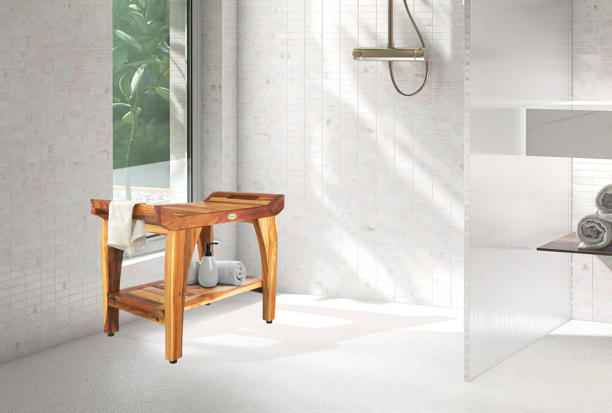 EcoDecors Tranquility™ 24 Inch Eastern Style Teak Shower Bench with ...