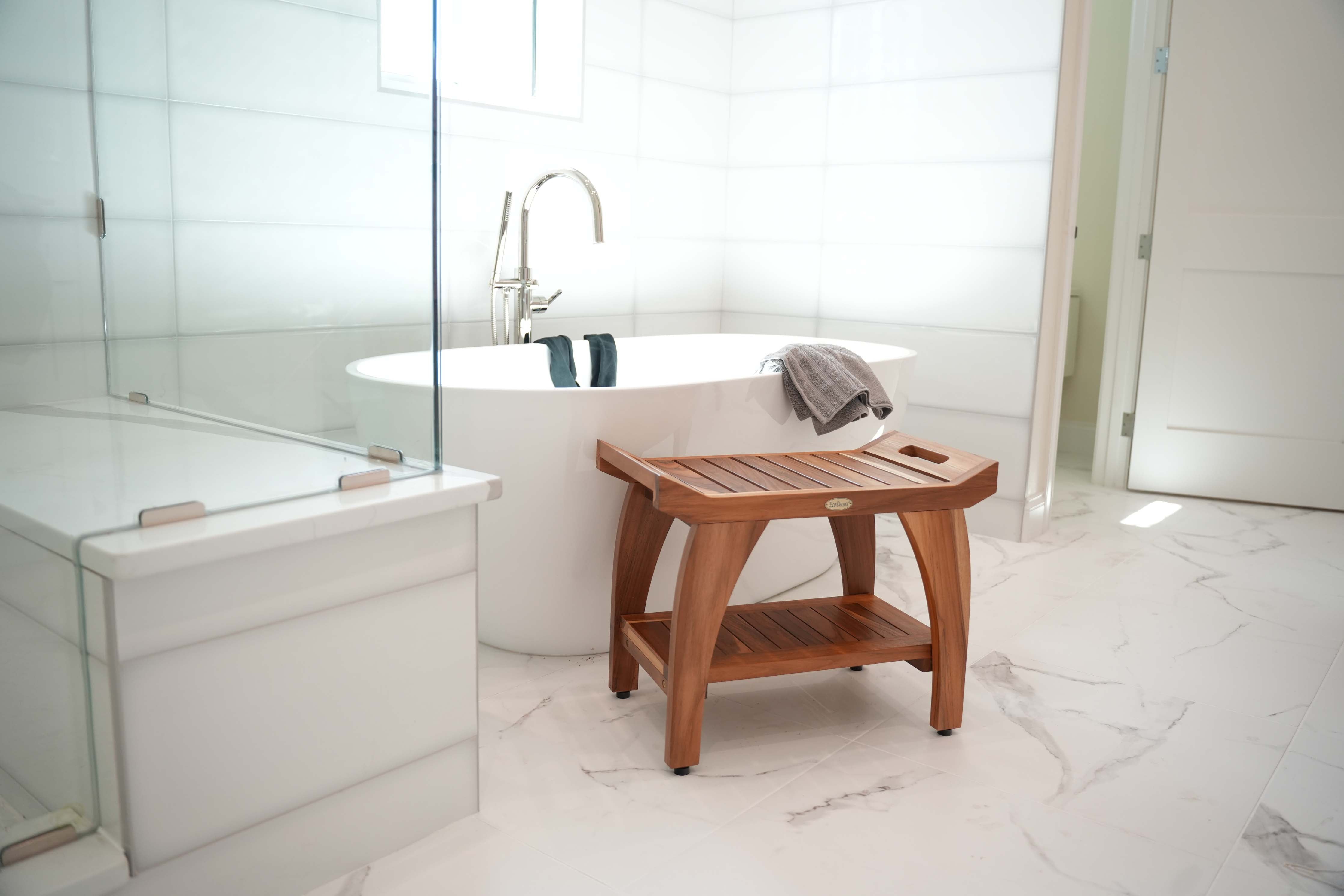 EcoDecors® Tranquility® 24" Teak Wood Shower Bench with Shelf and LiftAide® Arms in EarthyTeak Finish