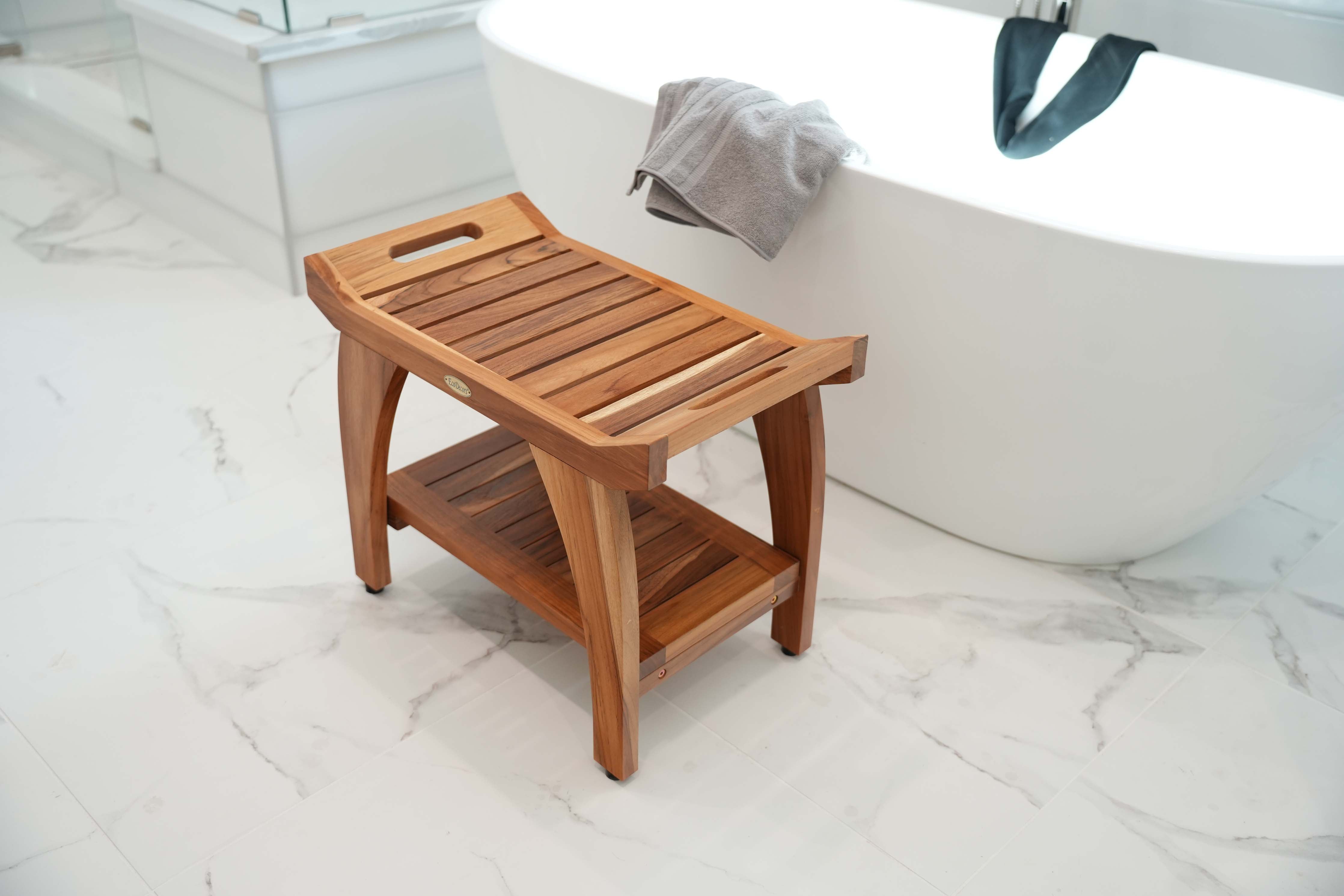 EcoDecors® Tranquility® 24" Teak Wood Shower Bench with Shelf and LiftAide® Arms in EarthyTeak Finish