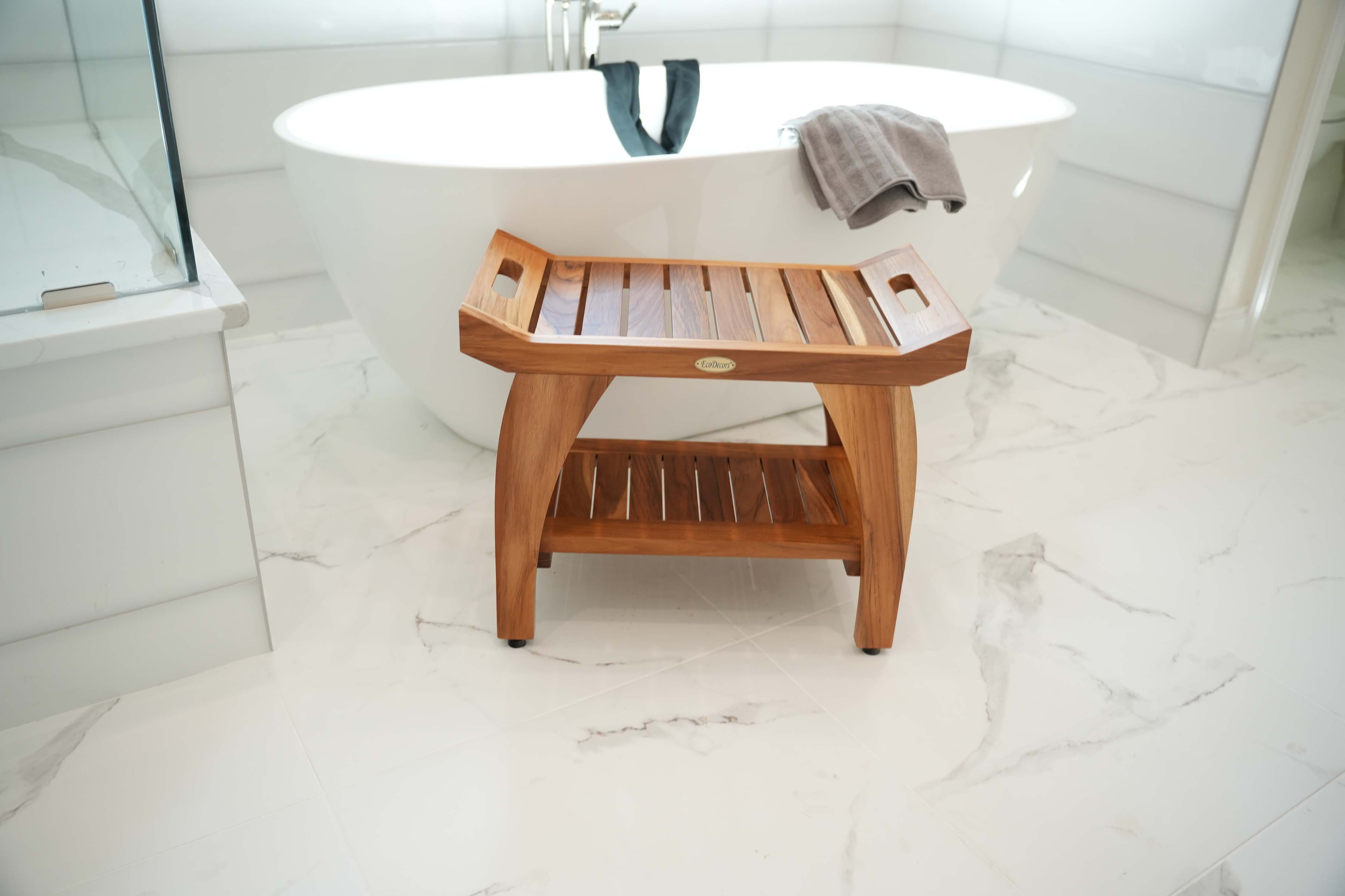 EcoDecors® Tranquility® 24" Teak Wood Shower Bench with Shelf and LiftAide® Arms in EarthyTeak Finish