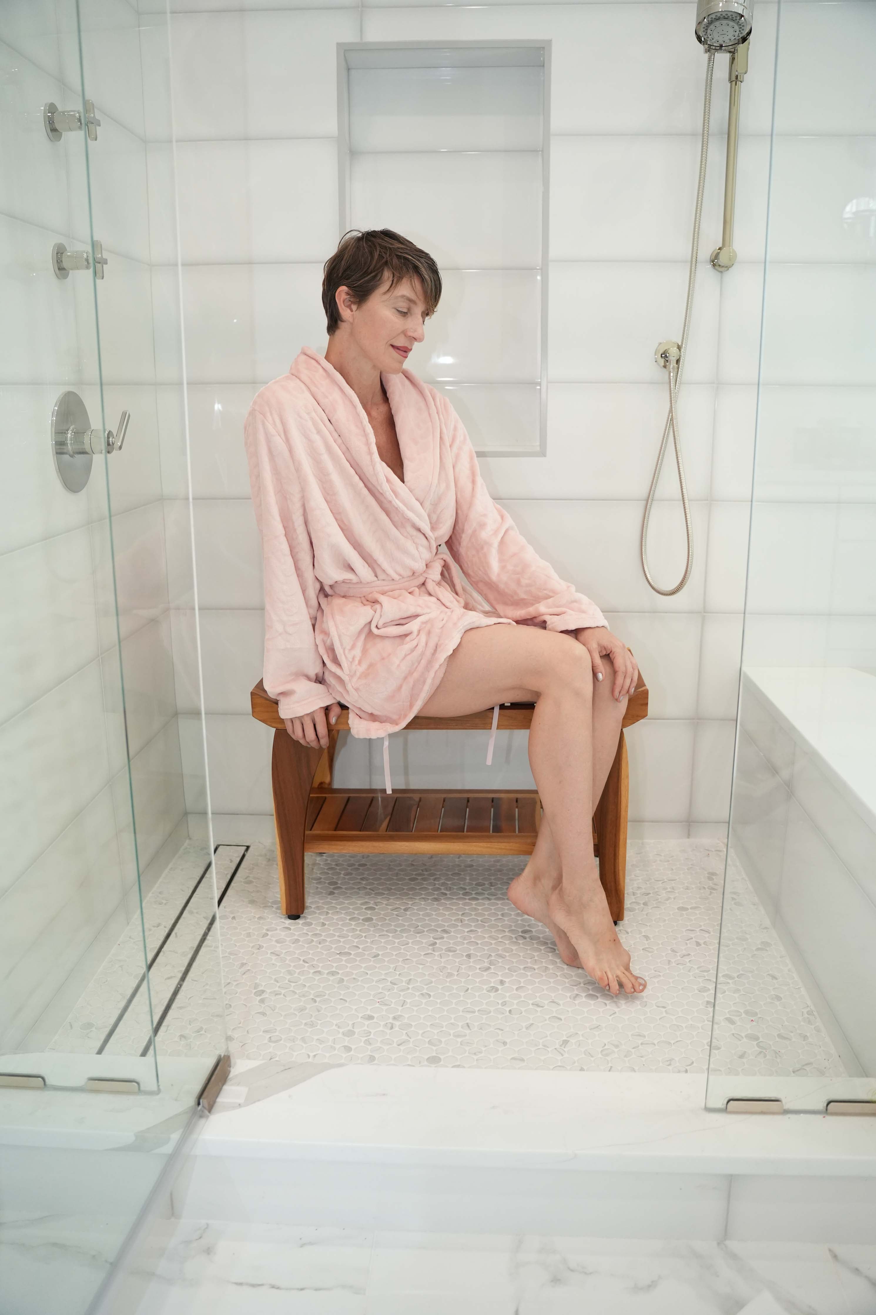 EcoDecors® Tranquility® 24" Teak Wood Shower Bench with Shelf and LiftAide® Arms in EarthyTeak Finish