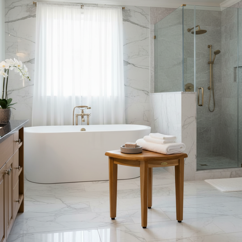 EcoDecors® SnazzyCorner® 18"H Teak Wood Corner Shower Bench in EarthyTeak Finish