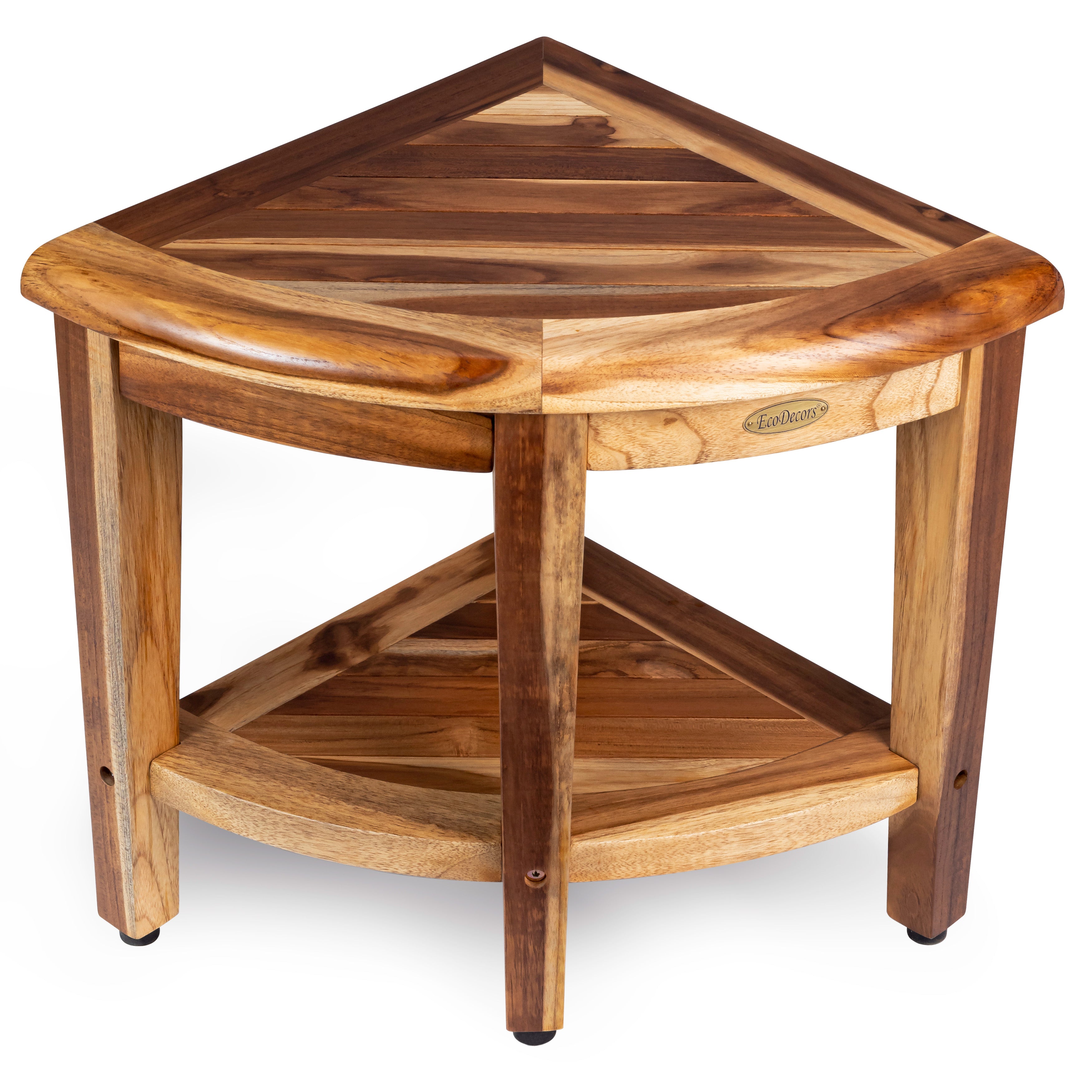 EcoDecors® SnazzyCorner® 18"H Teak Wood Corner Shower Bench with Shelf in EarthyTeak Finish