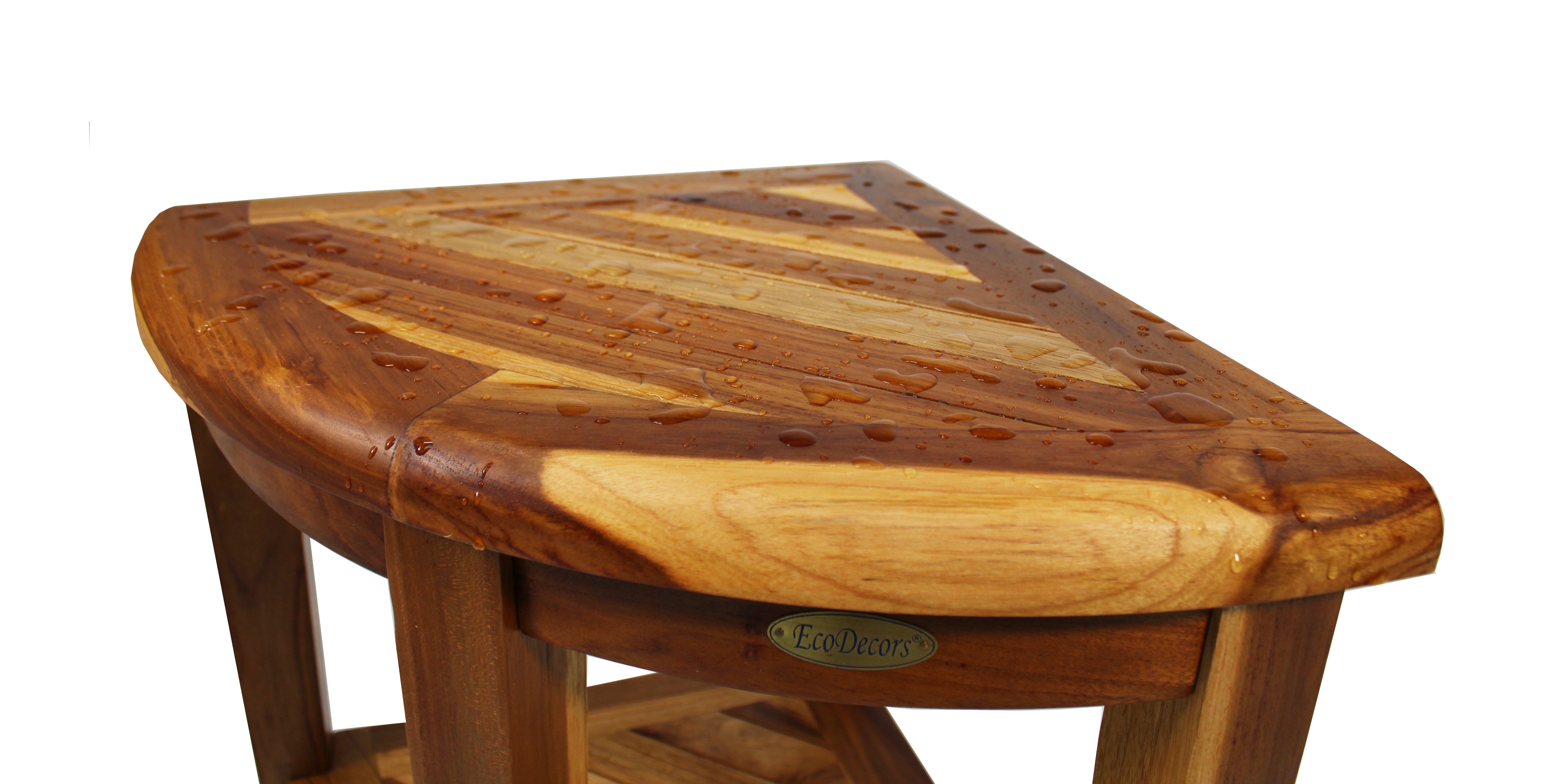 OPEN BOX, FULLY ASSEMBLED EcoDecors® SnazzyCorner® 18" H Wide Teak Wood Corner Shower Bench with Shelf in EarthyTeak Finish, Fully Assembled, 300LB Capacity