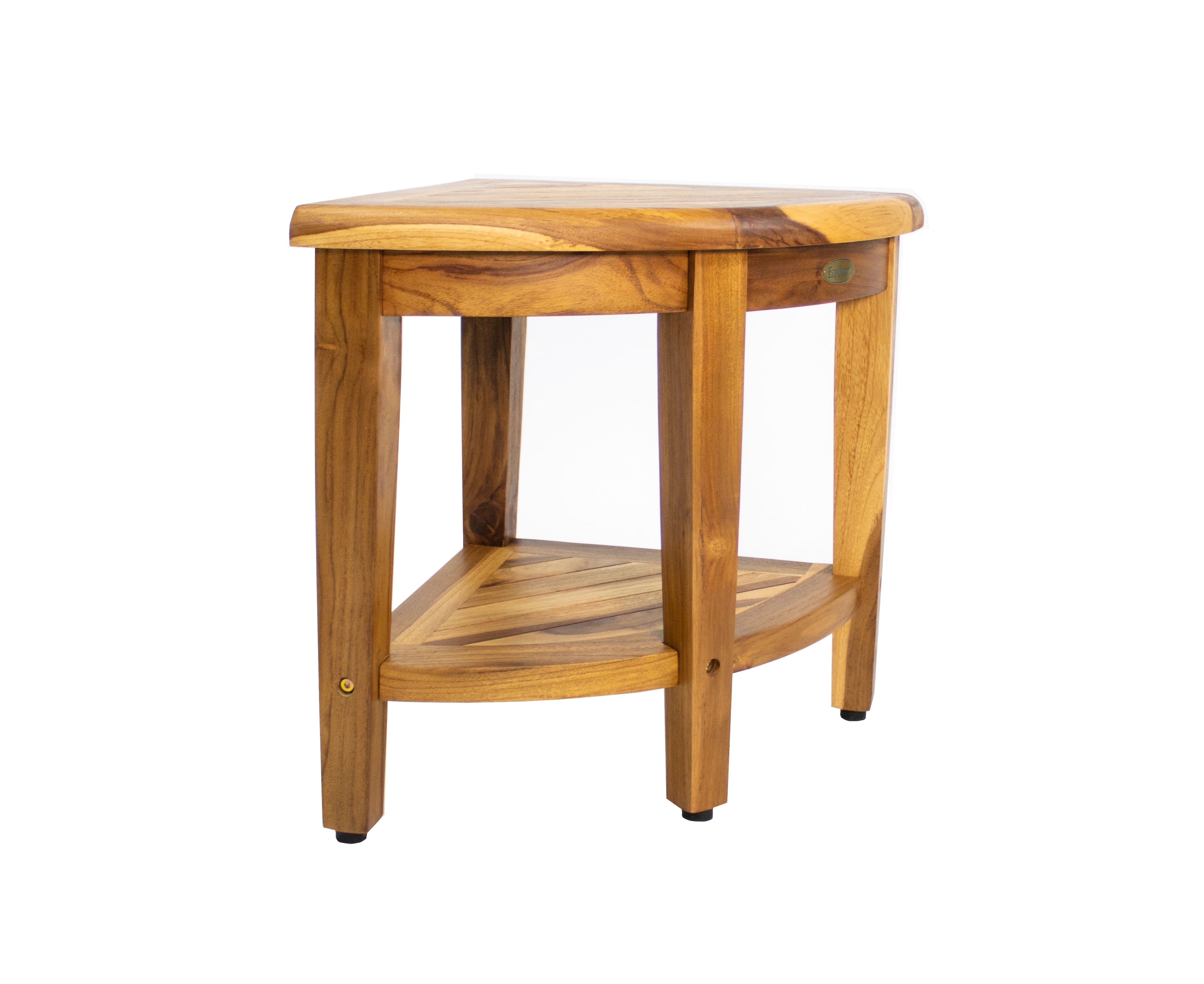 OPEN BOX, FULLY ASSEMBLED EcoDecors® SnazzyCorner® 18" H Wide Teak Wood Corner Shower Bench with Shelf in EarthyTeak Finish, Fully Assembled, 300LB Capacity