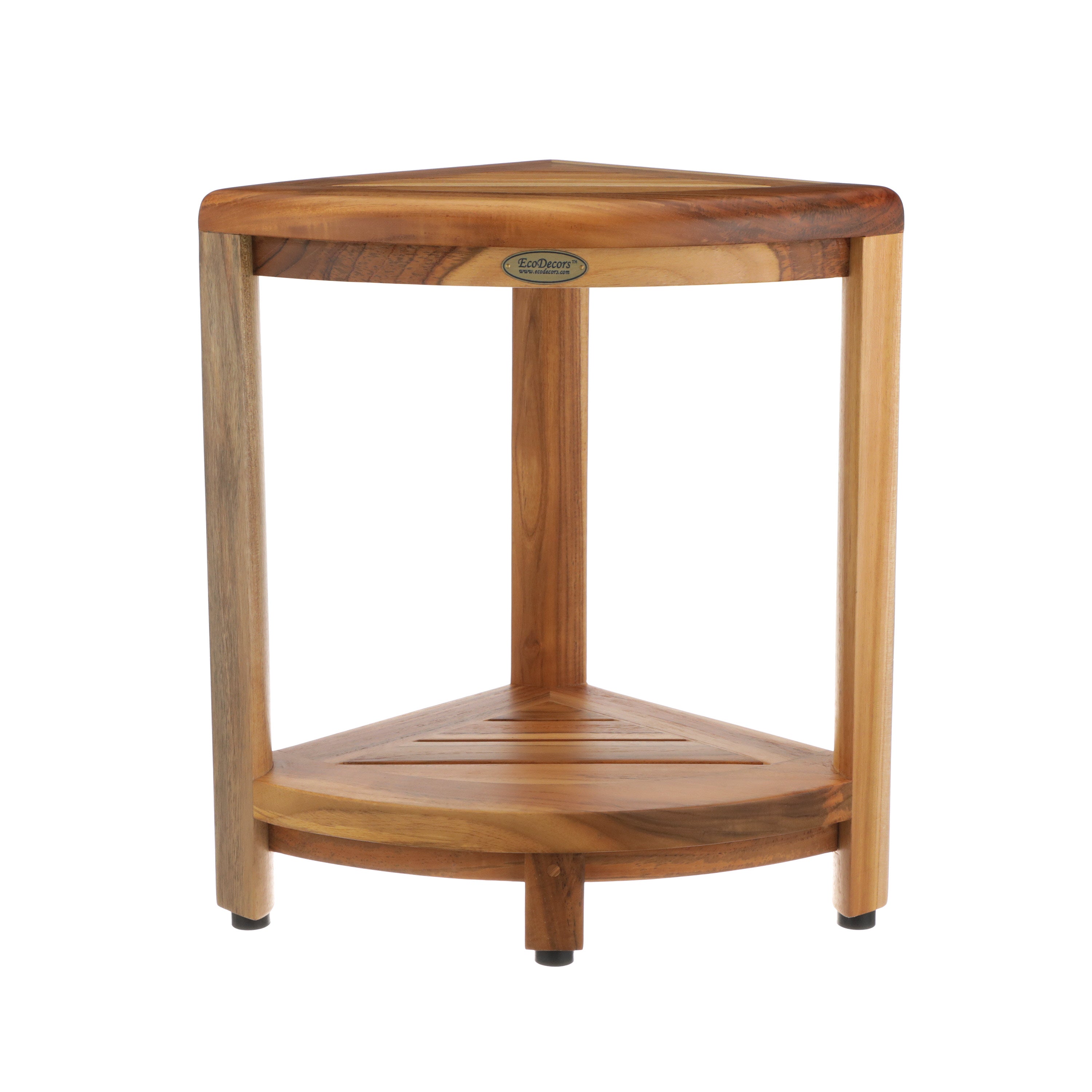 EcoDecors® SnazzyCorner® 18" Teak Wood Corner Shower Bench with Shelf in EarthyT FA980