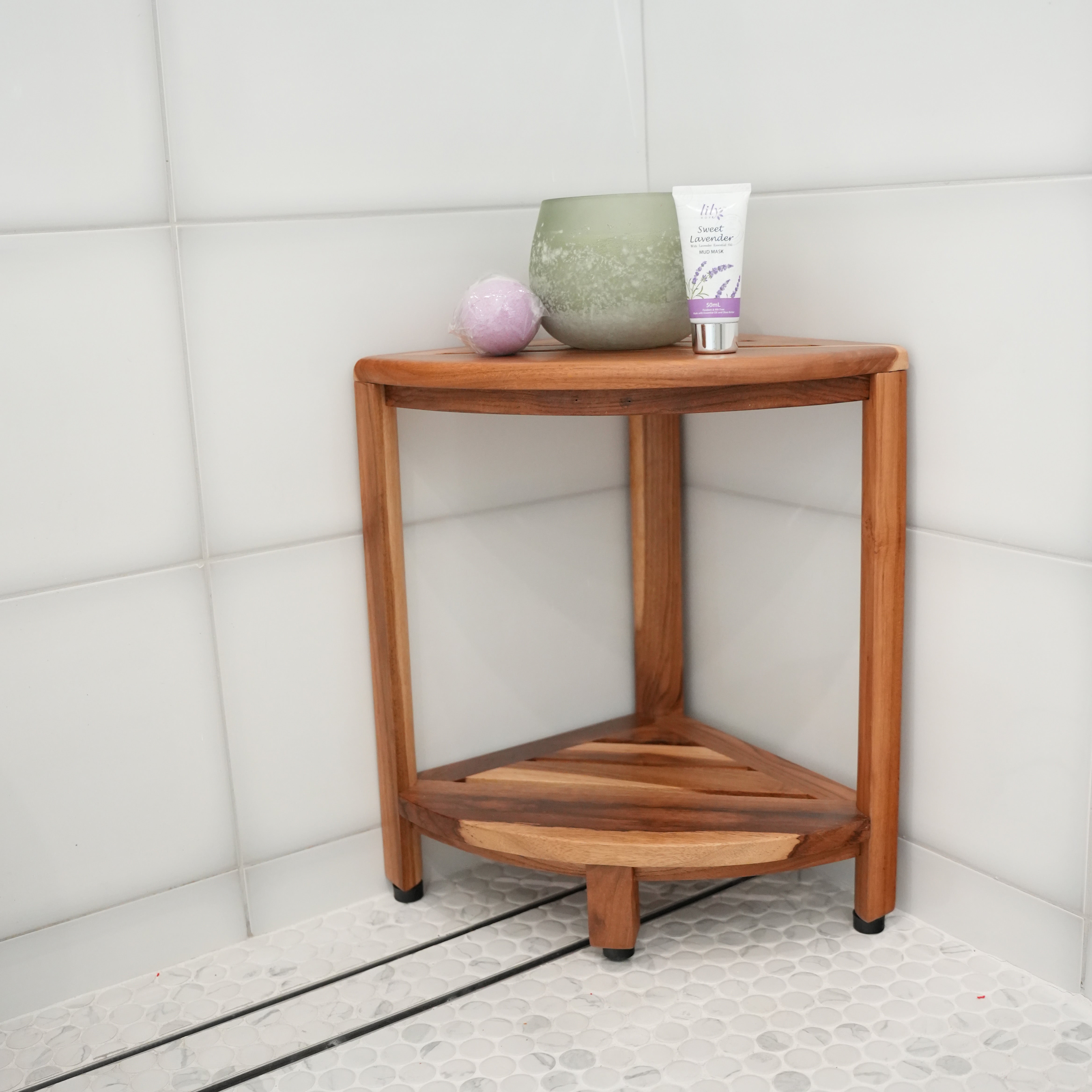 OPEN BOX, FULLY ASSEMBLED EcoDecors® SnazzyCorner® 18" Teak Wood Corner Shower Shelf in EarthyTeak Finish, Fully Assembled, Corner Seat for Bathroom & Outdoor Use