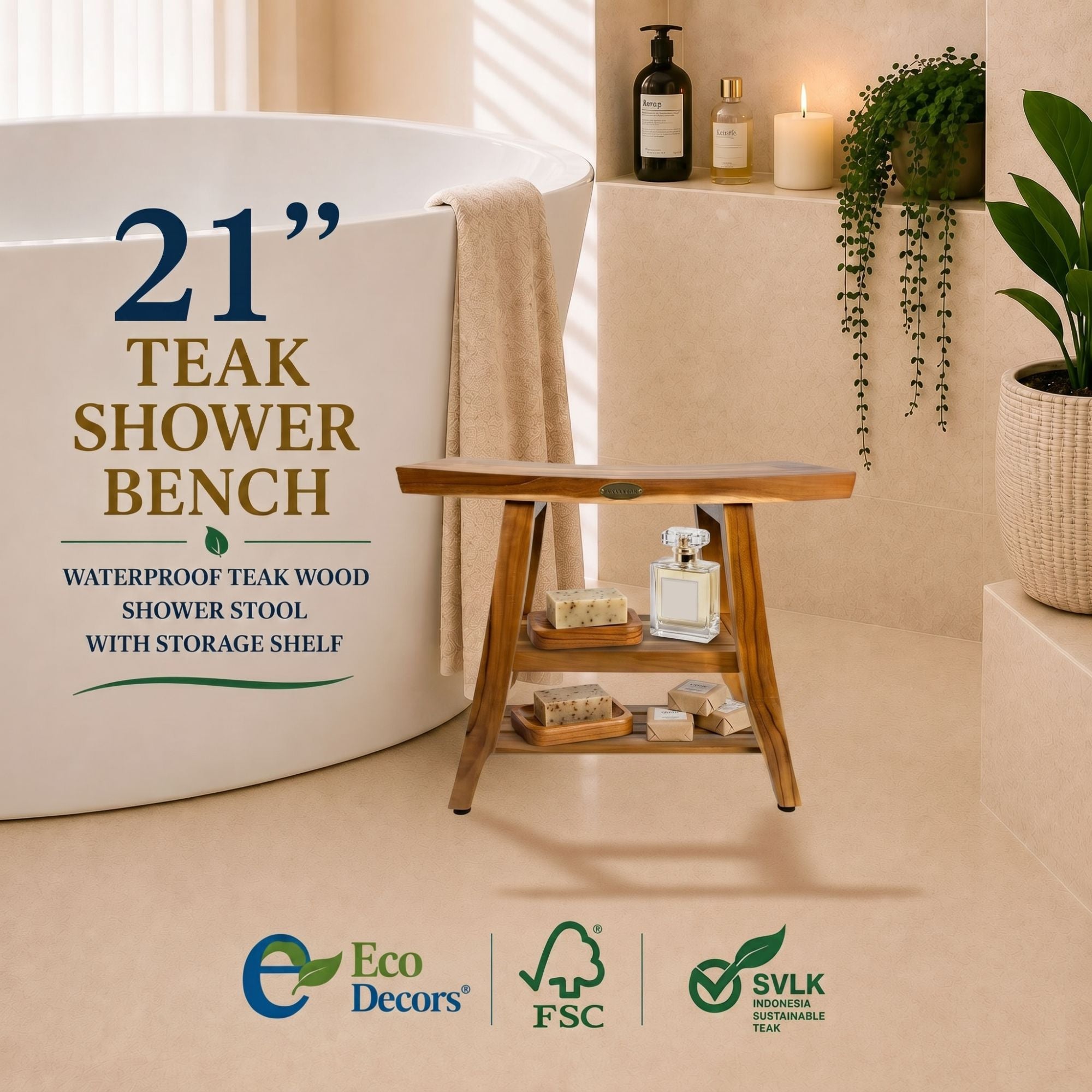EcoDecors Teak Shower Bench 21" – Waterproof Shower Seat for Inside Shower, Bathroom Bench with Storage Shelf, Non-Slip Adjustable Feet, Solid Teak Wood Shower Stool