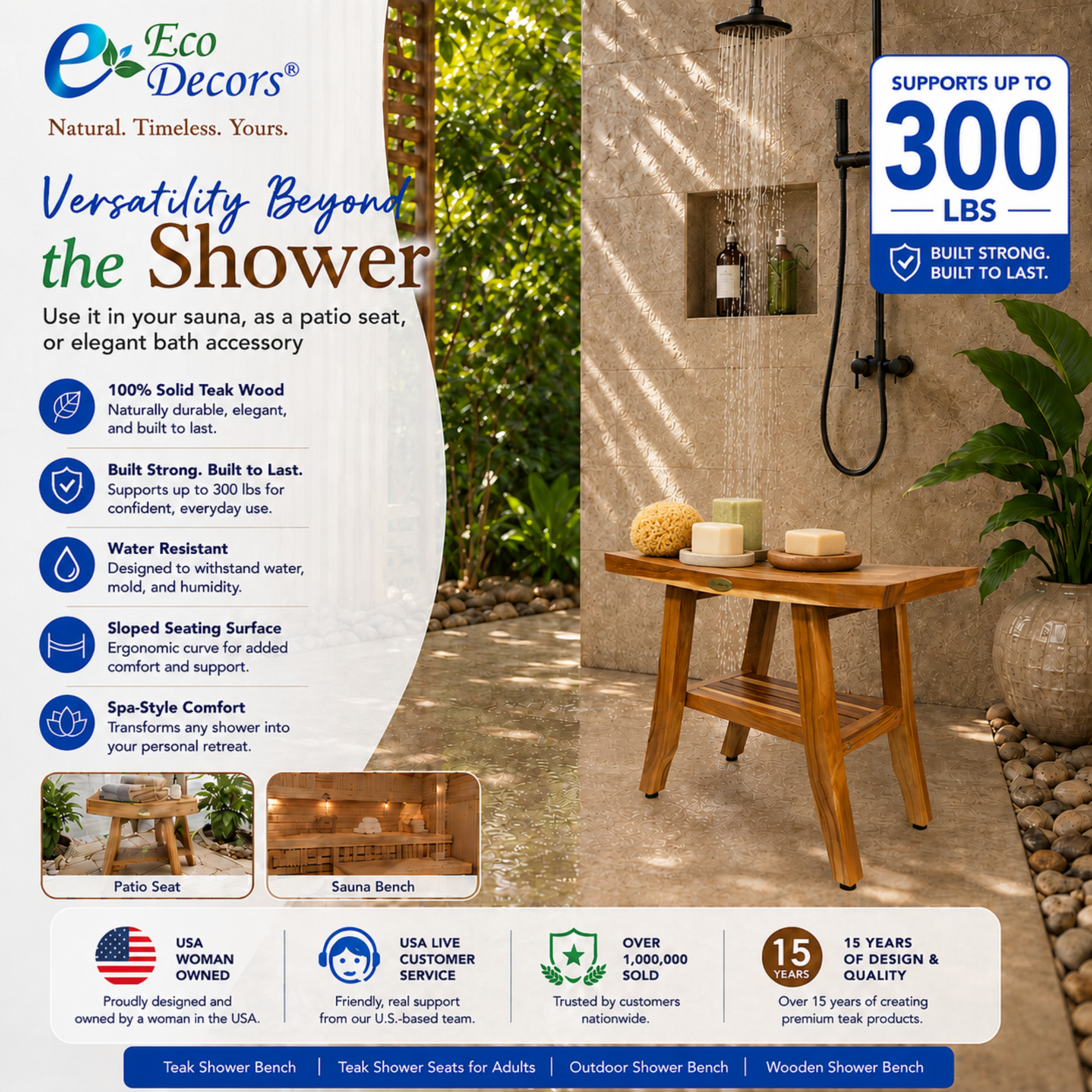 EcoDecors Teak Shower Bench 21" – Waterproof Shower Seat for Inside Shower, Bathroom Bench with Storage Shelf, Non-Slip Adjustable Feet, Solid Teak Wood Shower Stool