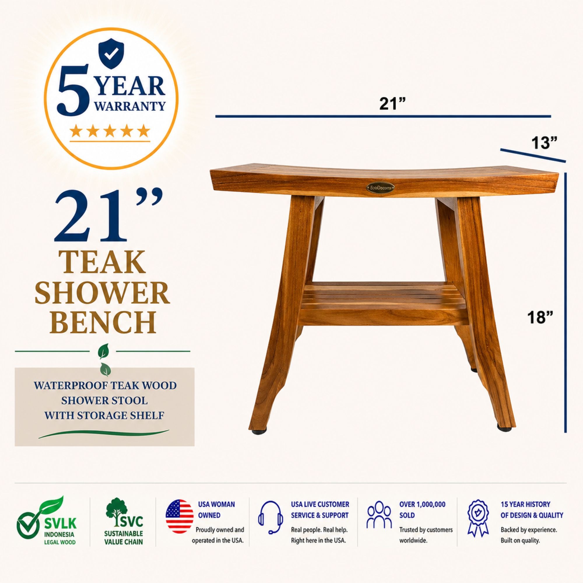 EcoDecors Teak Shower Bench 21" – Waterproof Shower Seat for Inside Shower, Bathroom Bench with Storage Shelf, Non-Slip Adjustable Feet, Solid Teak Wood Shower Stool