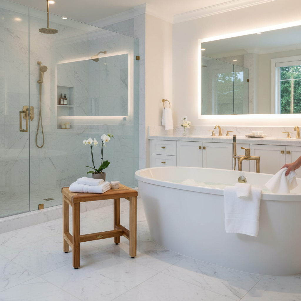 EcoDecors® Eleganto® 18" Teak Wood Shower Bench in EarthyTeak Finish