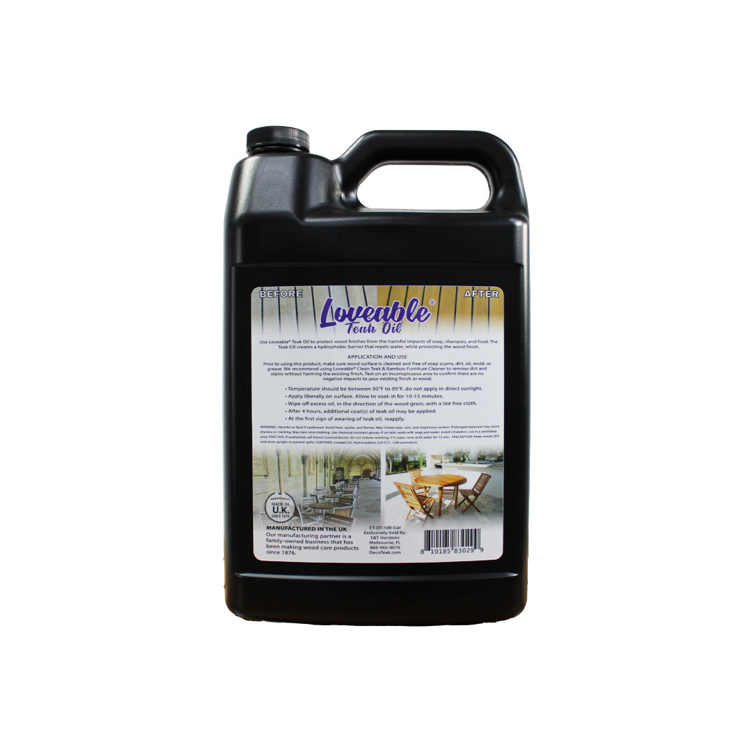 EcoDecors Loveable Teak Oil – 1 Gallon, Indoor and Outdoor Wood Protector, Marine-Grade, Plant-Based Formula, Deep-Penetrating Teak Treatment for Patio, Garden, Shower & Boat Wood Furniture