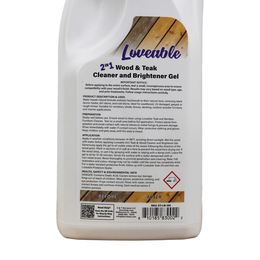 EcoDecors Loveable 2 in 1 Wood & Teak Cleaner and Brightener Gel, 1 L, for Outdoor Use, Cleans, Renews, and Refreshes Outdoor Wood - 2 Pack