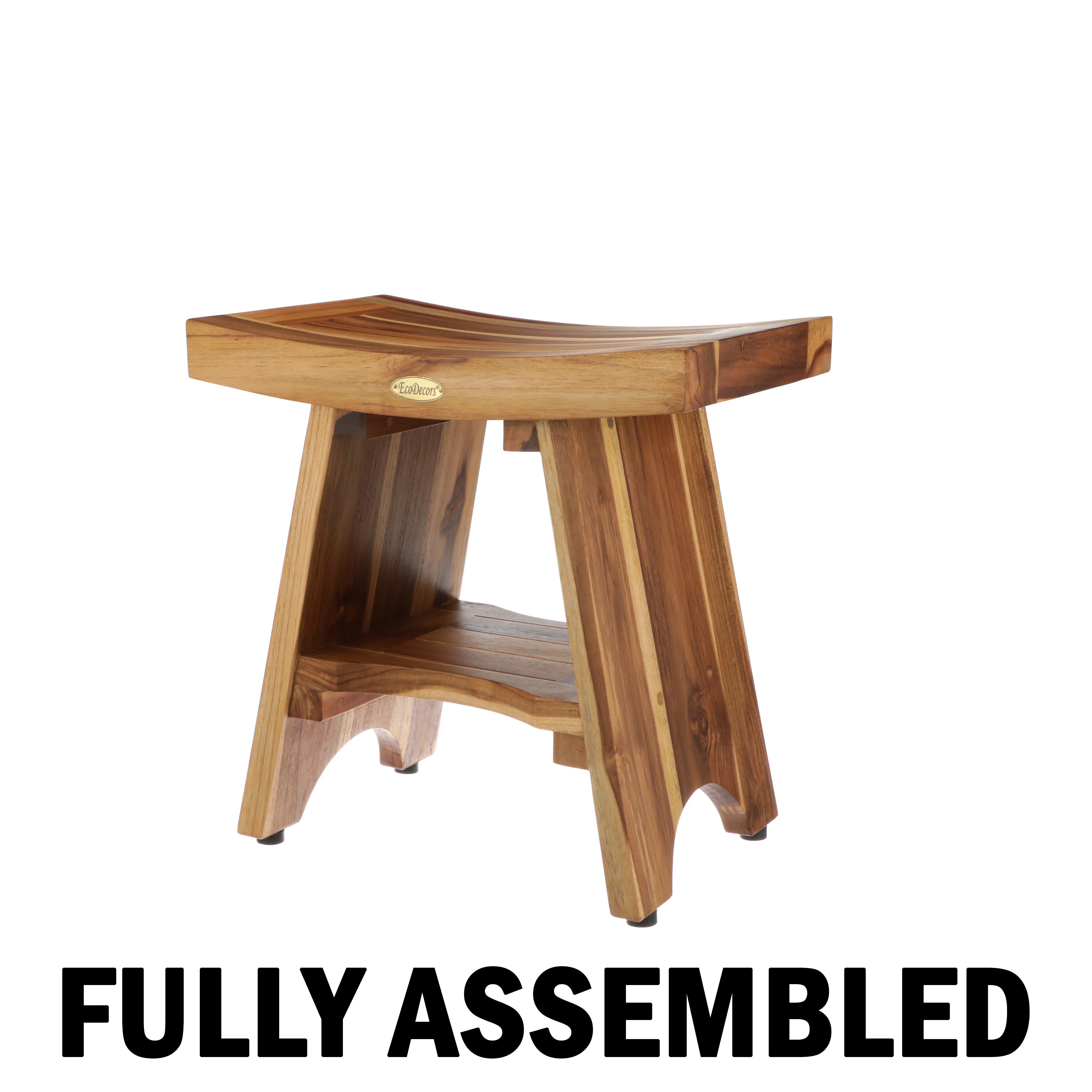 EcoDecors® Serenity® 18" Teak Wood Shower Bench with Shelf in EarthyTeak Finish, Fully Assembled, Water-Resistant, Compact Bathroom & Shower Seat