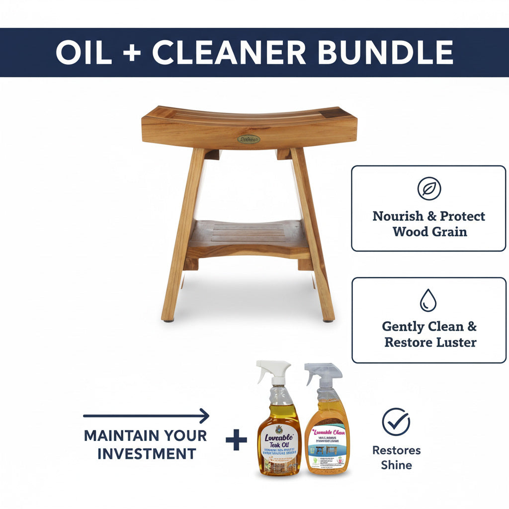 OPEN BOX EcoDecors Serenity 18" Teak Wood Shower Bench, Fully Assembled | 2 Pack Teak Care Bundle