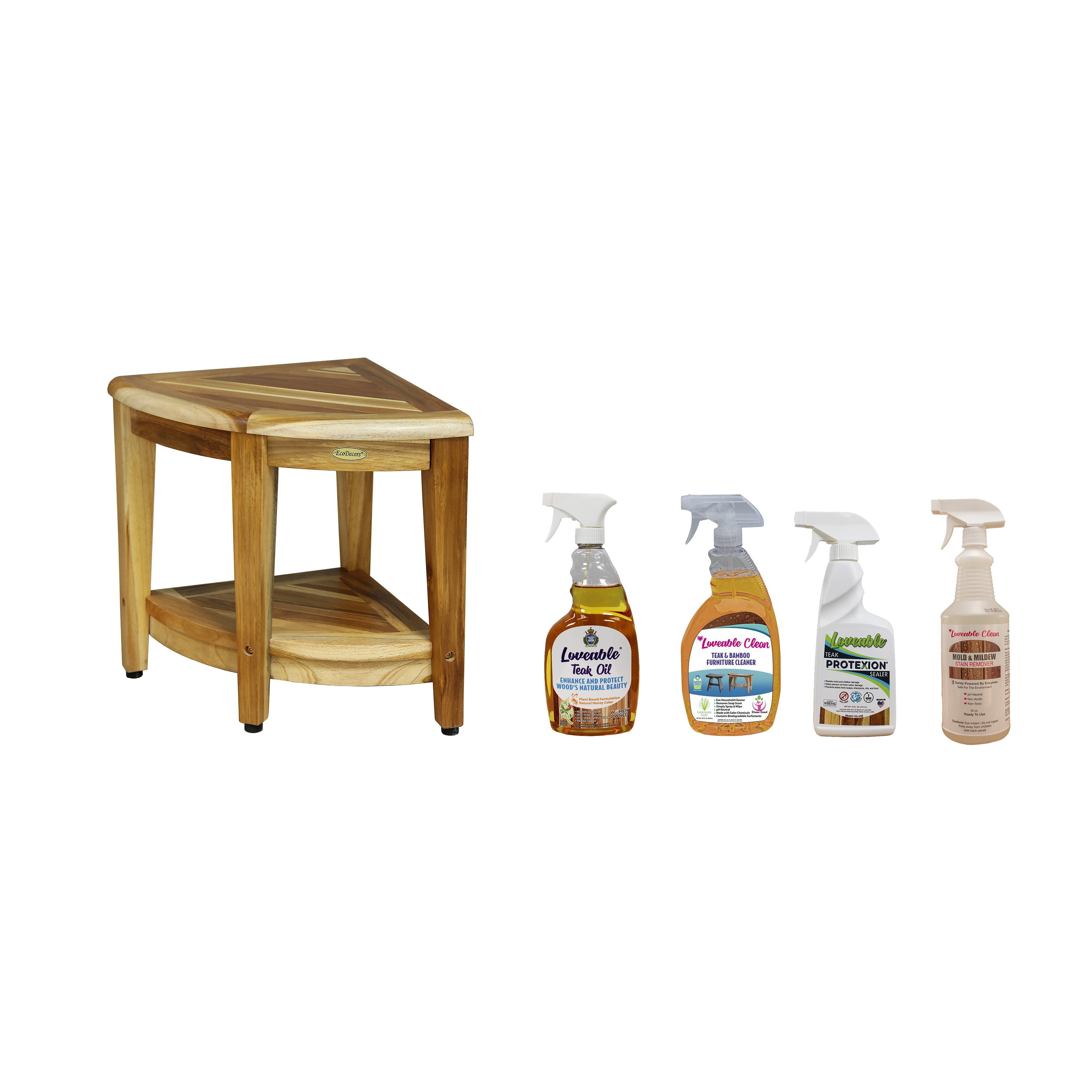 EcoDecors SnazzyCorner 18" Teak Shower Bench, 300 lb Capacity, Fully Assembled + Loveable 4 Pack Care Bundle