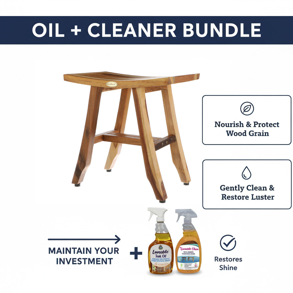 EcoDecors Satori Teak Wood Shower Bench, Fully Assembled, 18 Inch, EarthyTeak Finish + Loveable 2 Pack Bundle