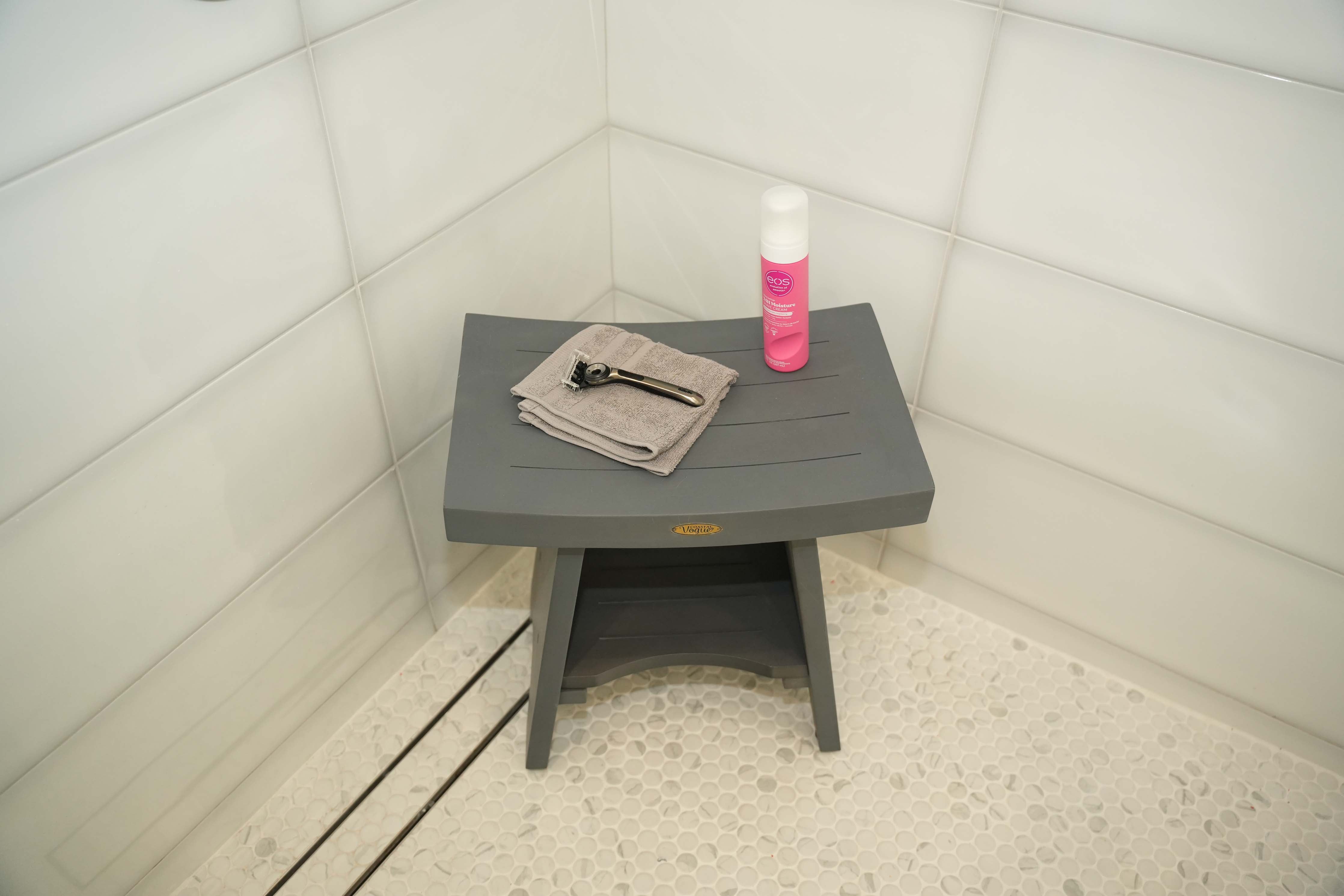 CoastalVogue® Serenity® 18" Teak Wood Shower Bench in Lunar Gray Finish