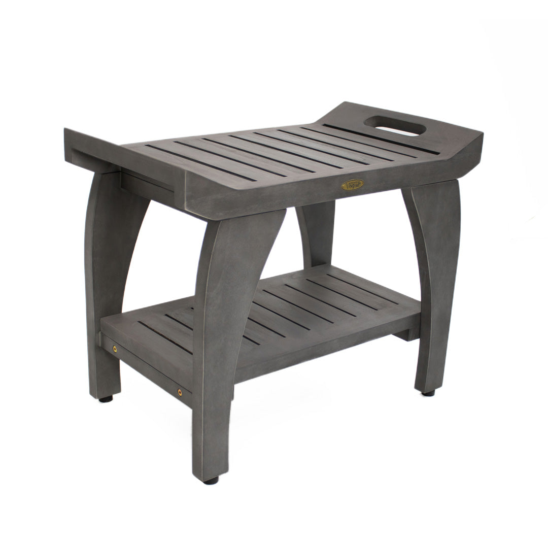 CoastalVogue® Tranquility® 24" Teak Wood Shower Bench with Shelf and LiftAide® Arms in Antique Gray Finish