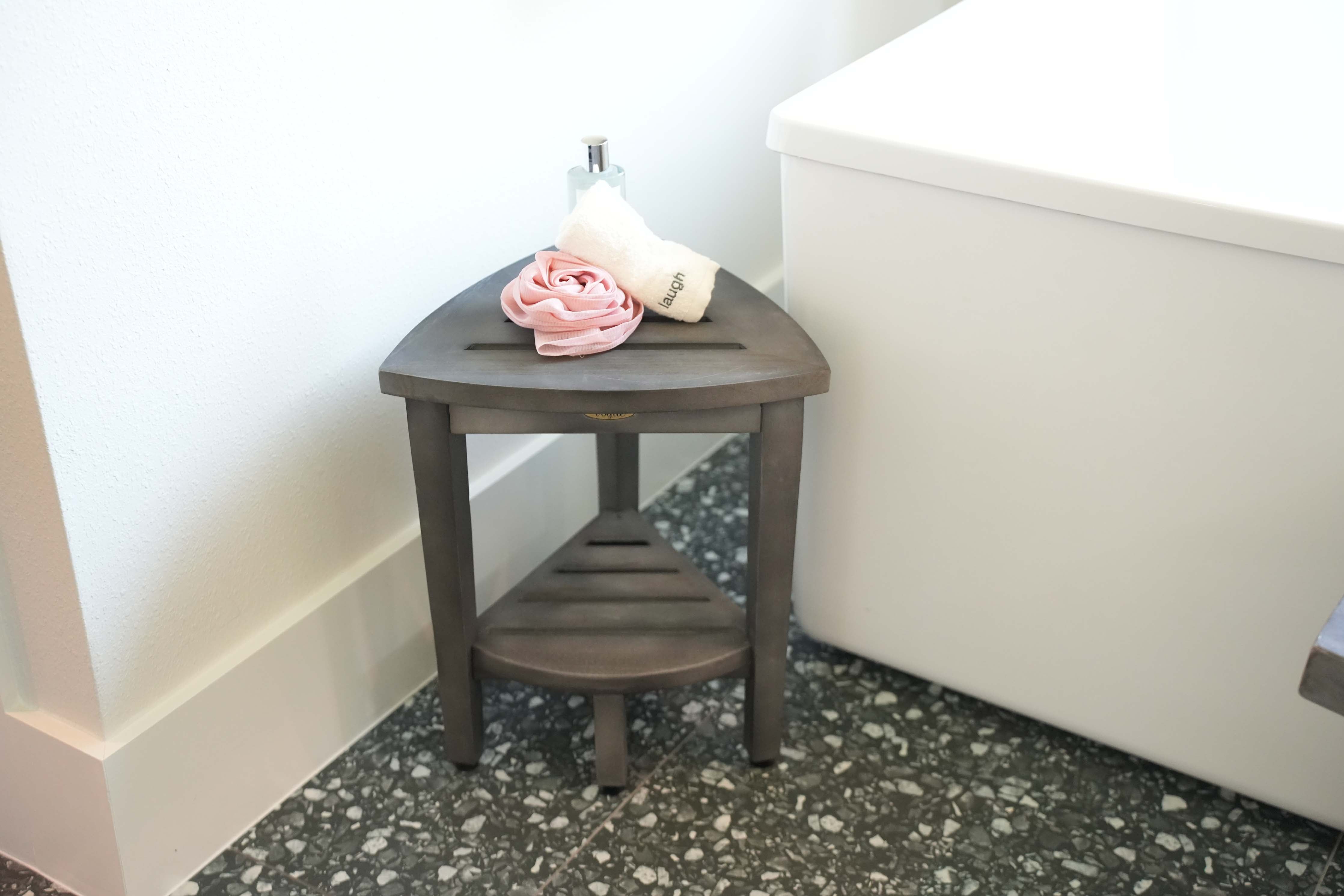 CoastalVogue® SnazzyCorner® 15" Teak Wood Corner Shower Bench with Shelf in Antique Gray Finish