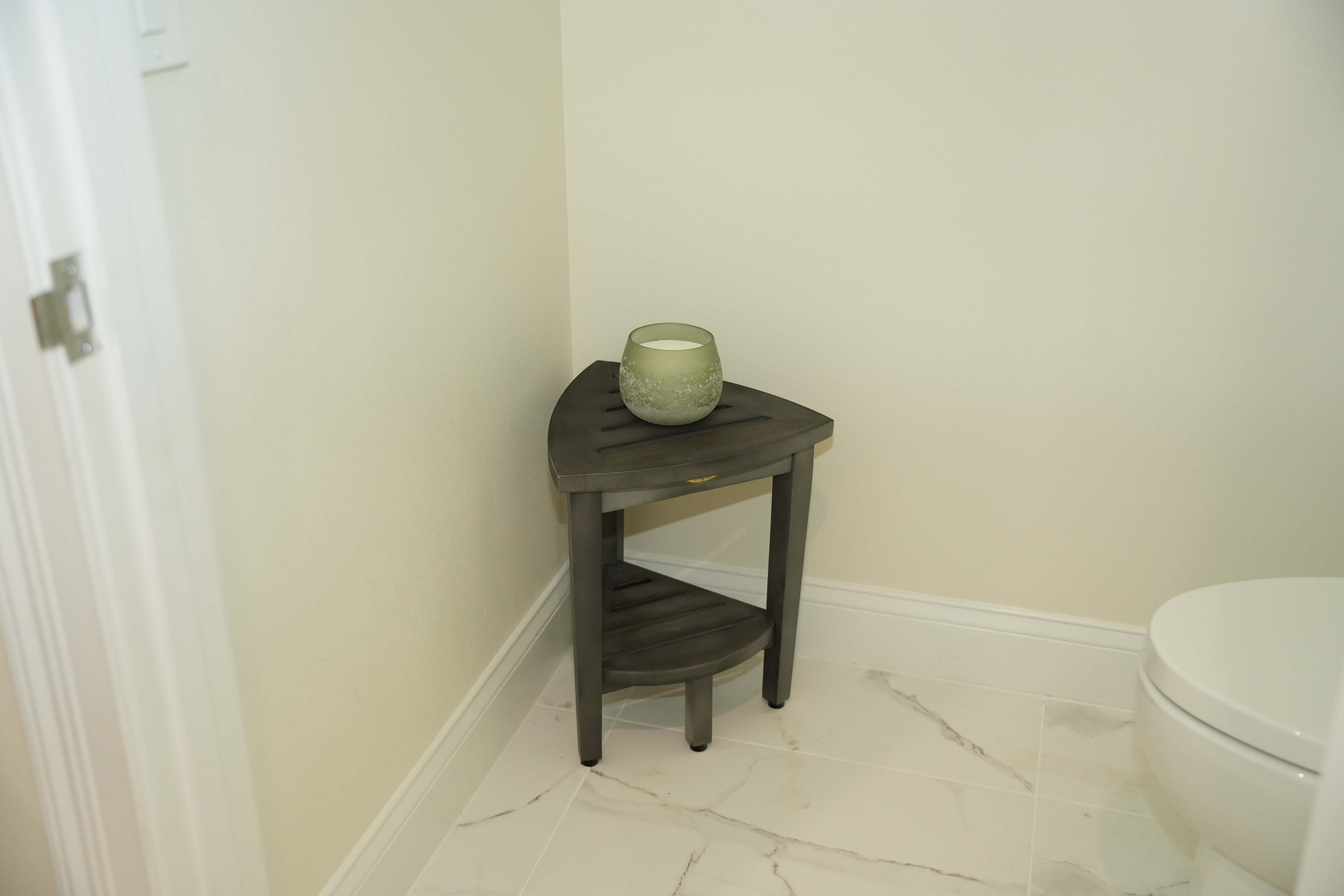 CoastalVogue® SnazzyCorner® 15" Teak Wood Corner Shower Bench with Shelf in Antique Gray Finish