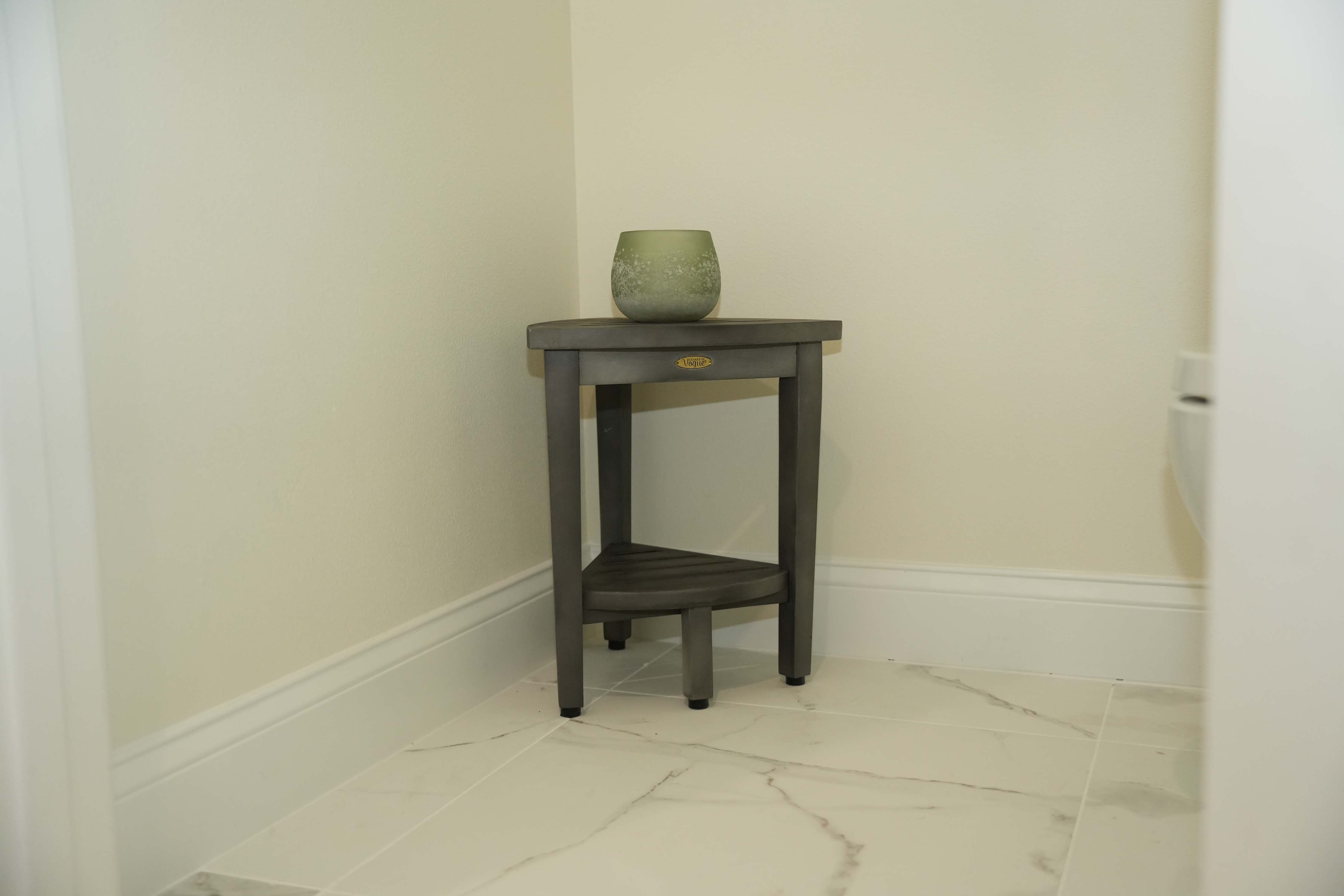 CoastalVogue® SnazzyCorner® 15" Teak Wood Corner Shower Bench with Shelf in Antique Gray Finish