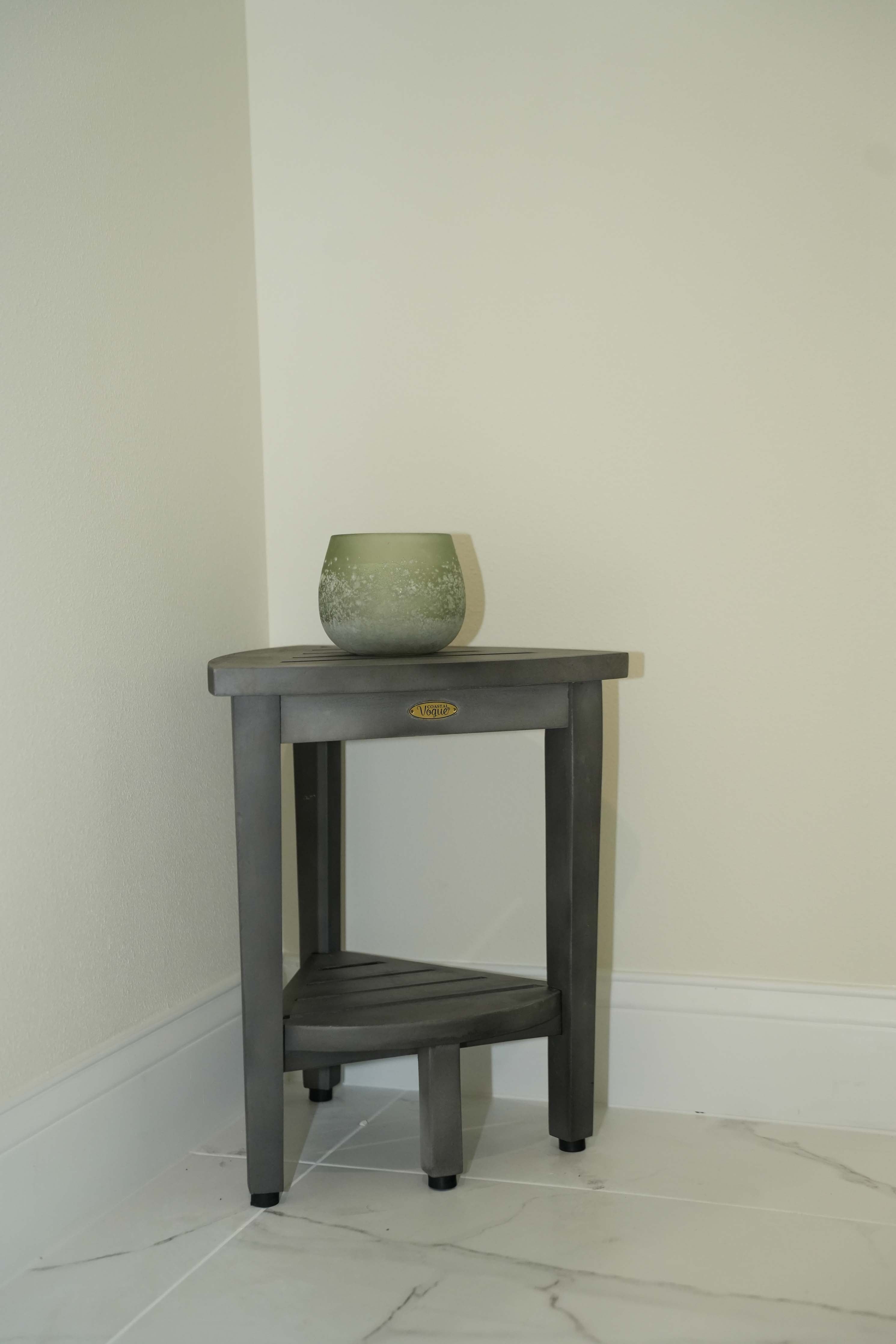 CoastalVogue® SnazzyCorner® 15" Teak Wood Corner Shower Bench with Shelf in Antique Gray Finish