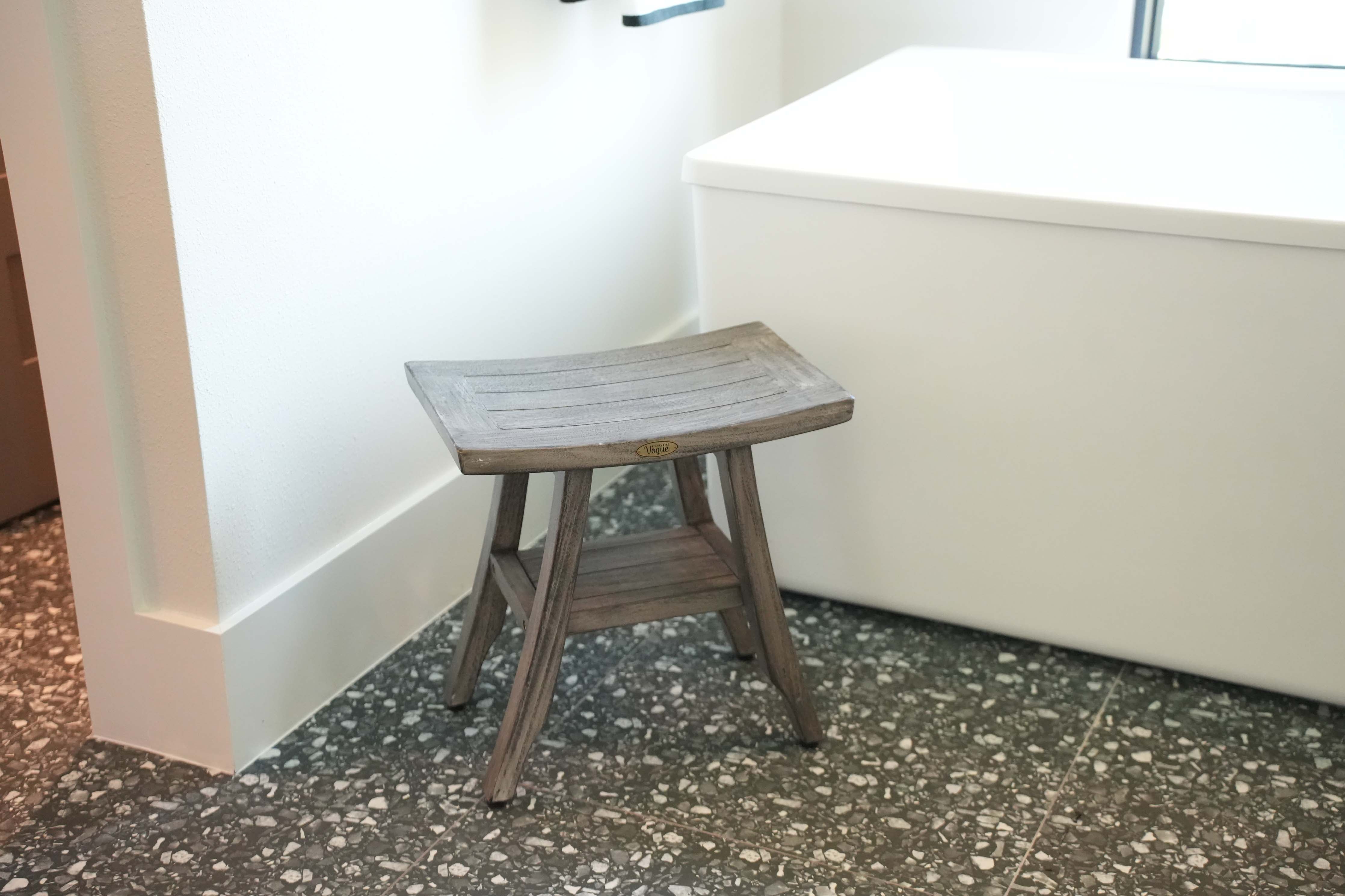 CoastalVogue® Satori® 18" Teak Wood Shower Bench with Shelf in Antique Gray Finish
