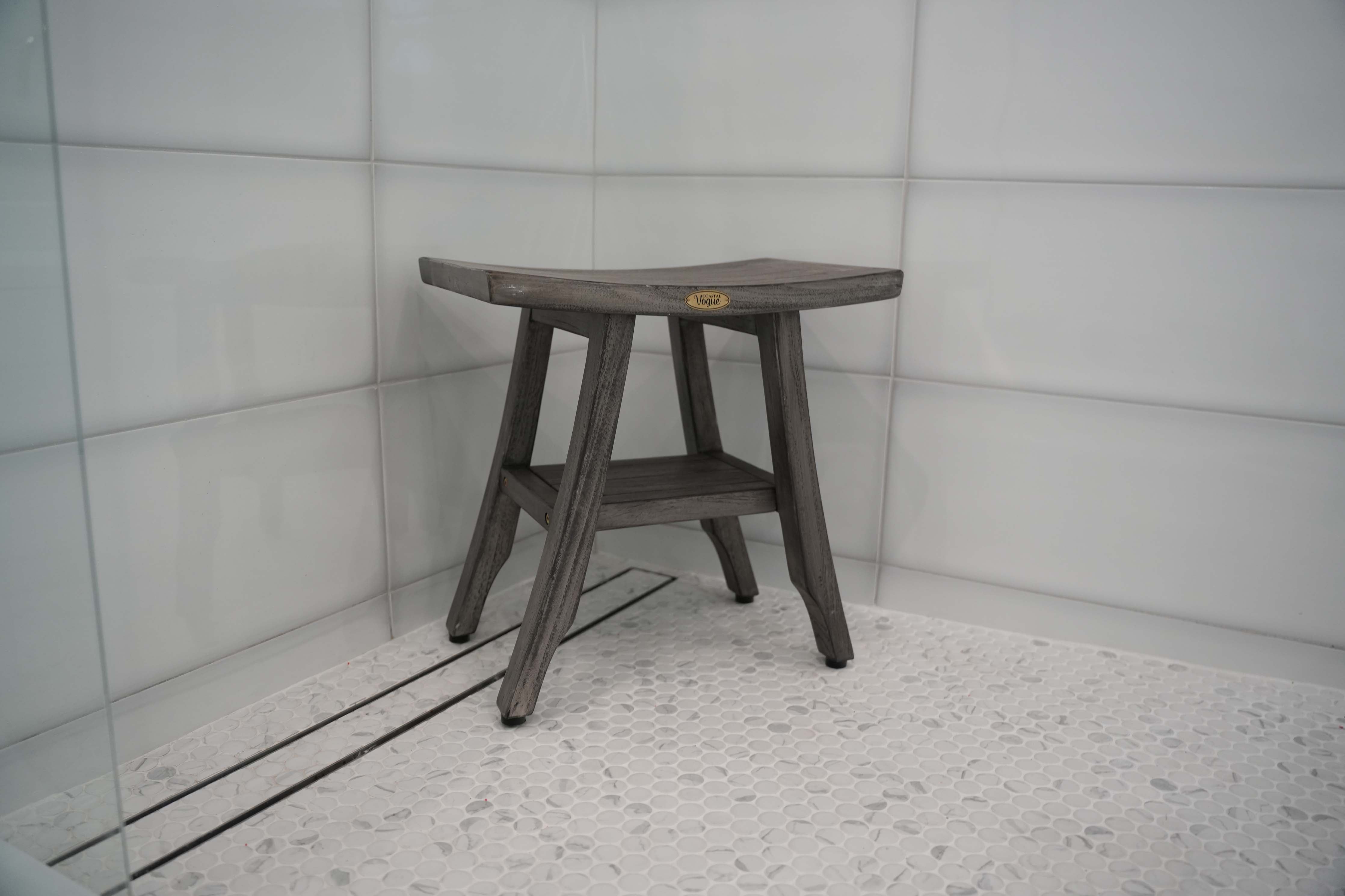 CoastalVogue® Satori® 18" Teak Wood Shower Bench with Shelf in Antique Gray Finish