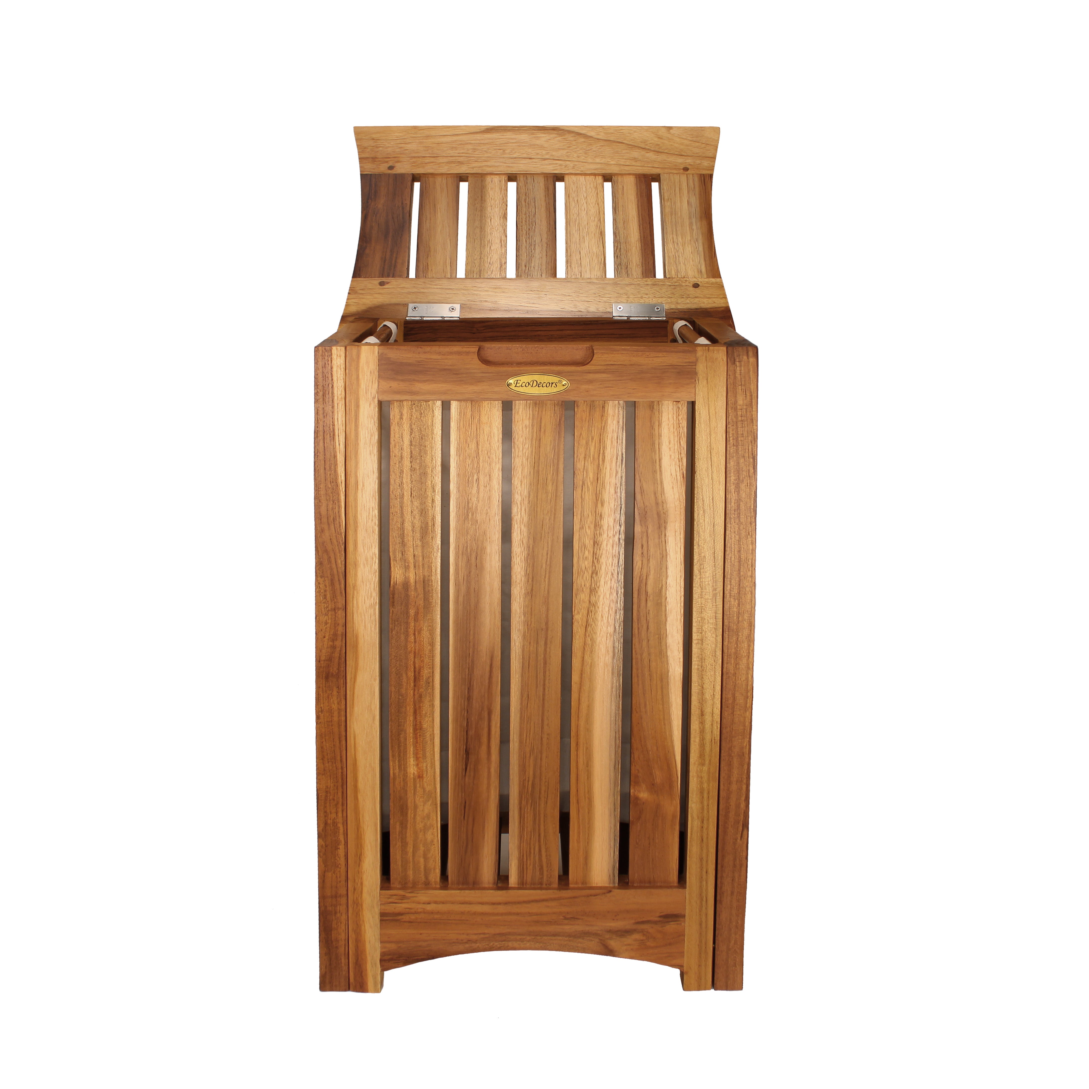 EcoDecors® Eleganto® 24"Teak Wood Compact Double Laundry Storage Hamper with Removable Bags in EarthyTeak Finish