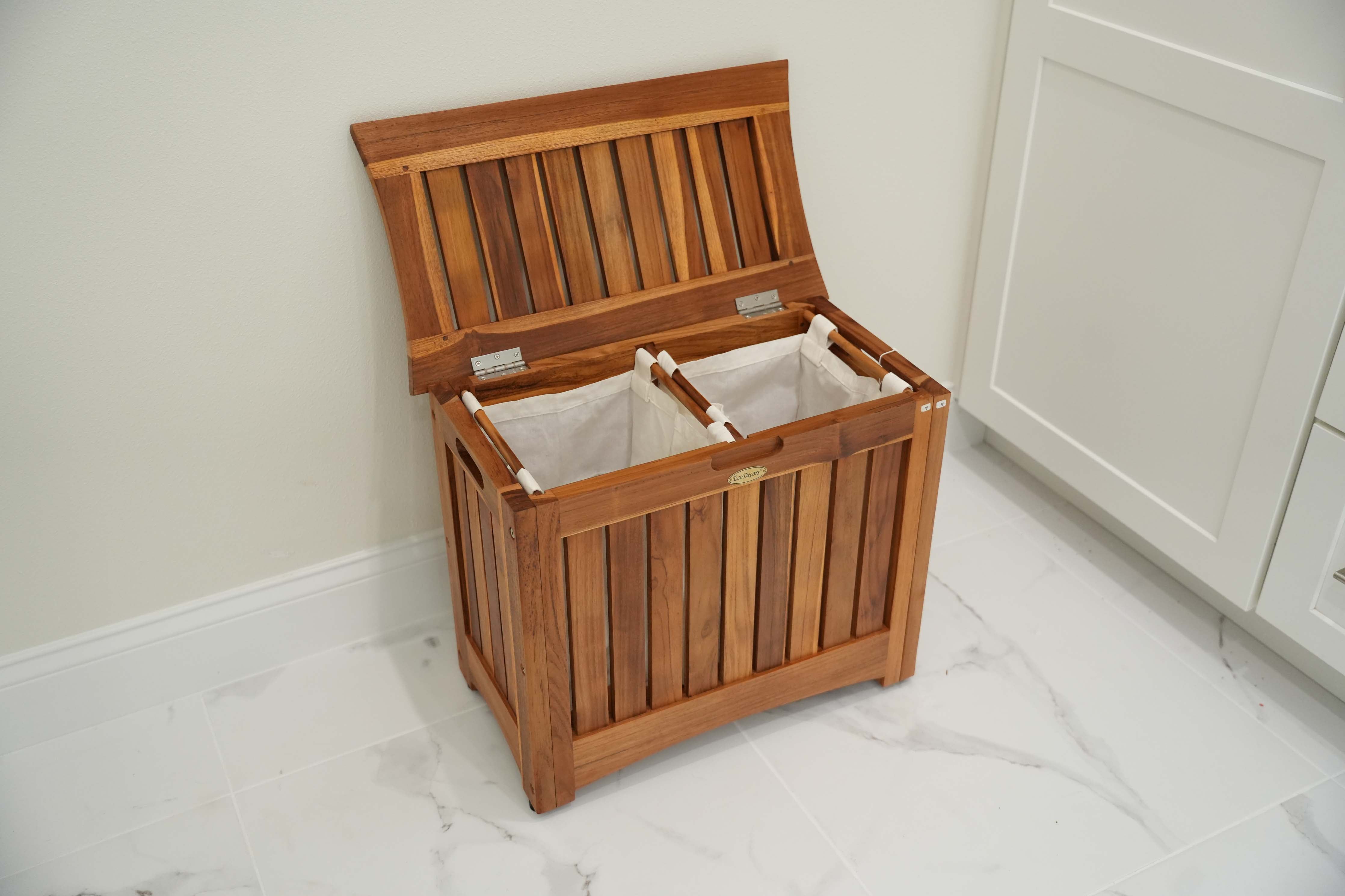 EcoDecors® Eleganto® 23" Wide Teak Wood Double Laundry Storage Hamper with Removable Bags in EarthyTeak® Finish