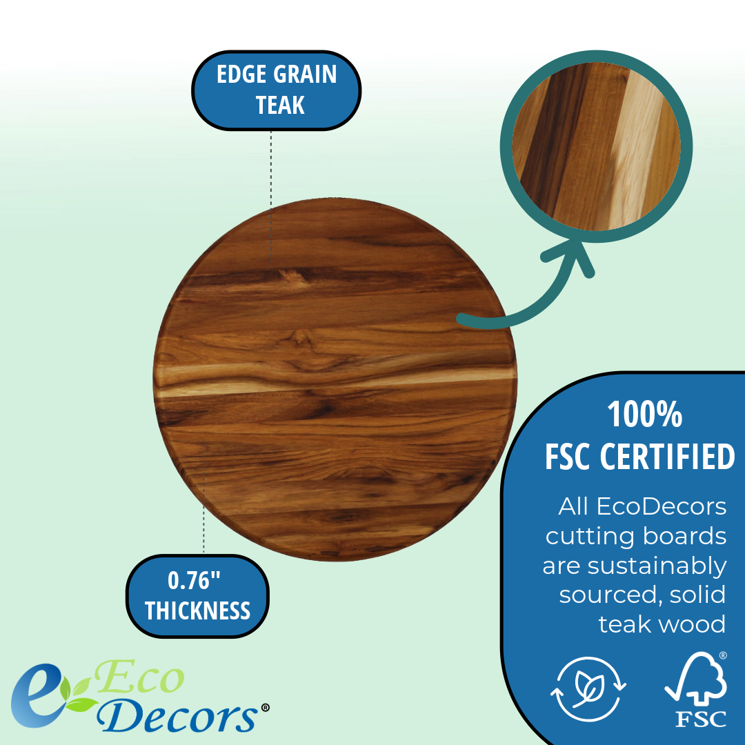 EcoDecors 12" Round Solid Teak Cutting Board, FSC Certified, Premium Wood Carving Board for Kitchen