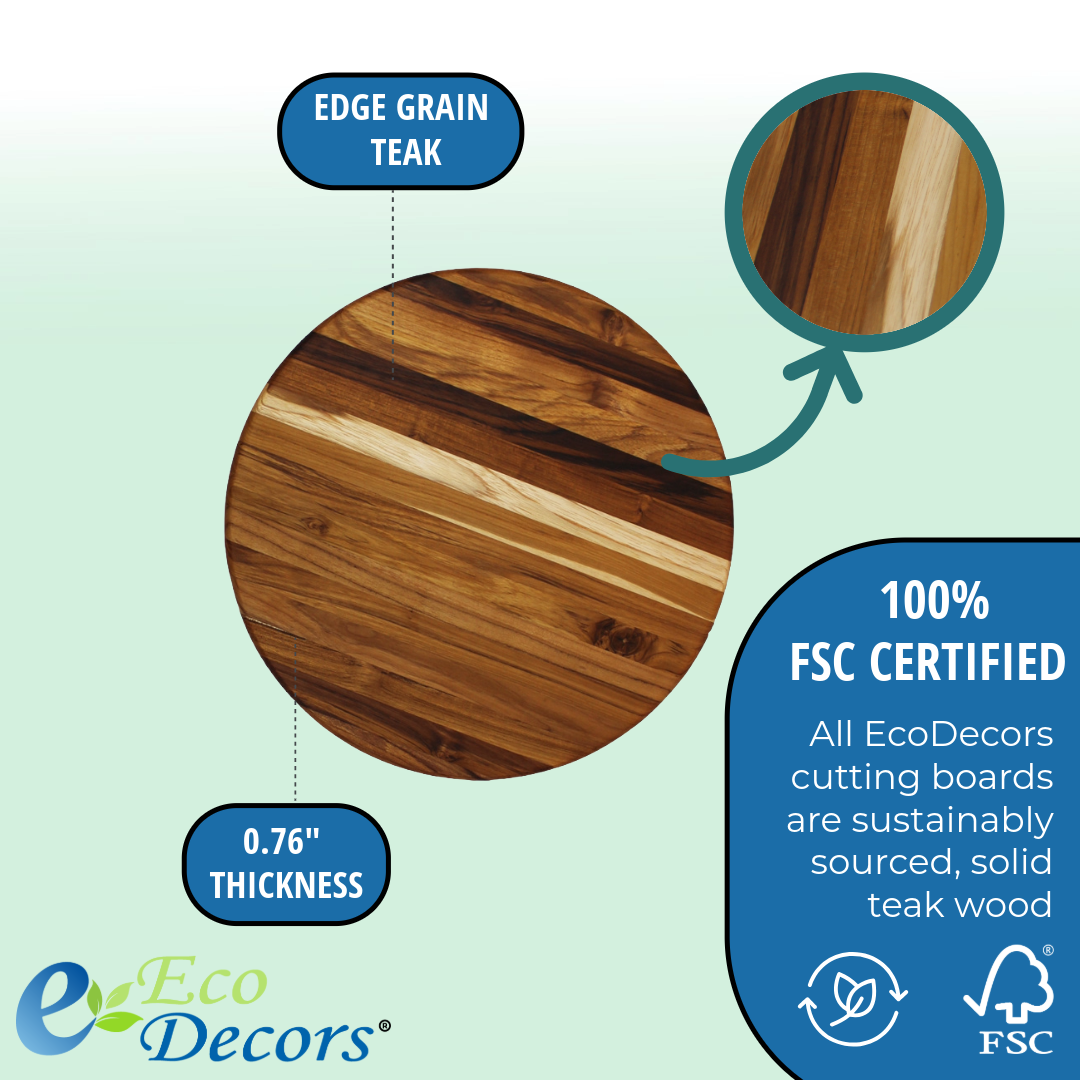 EcoDecors 16" Round Teak Cutting Board, FSC Certified Solid Wood, Edge Grain, Carving Board for Kitchen & Brisket