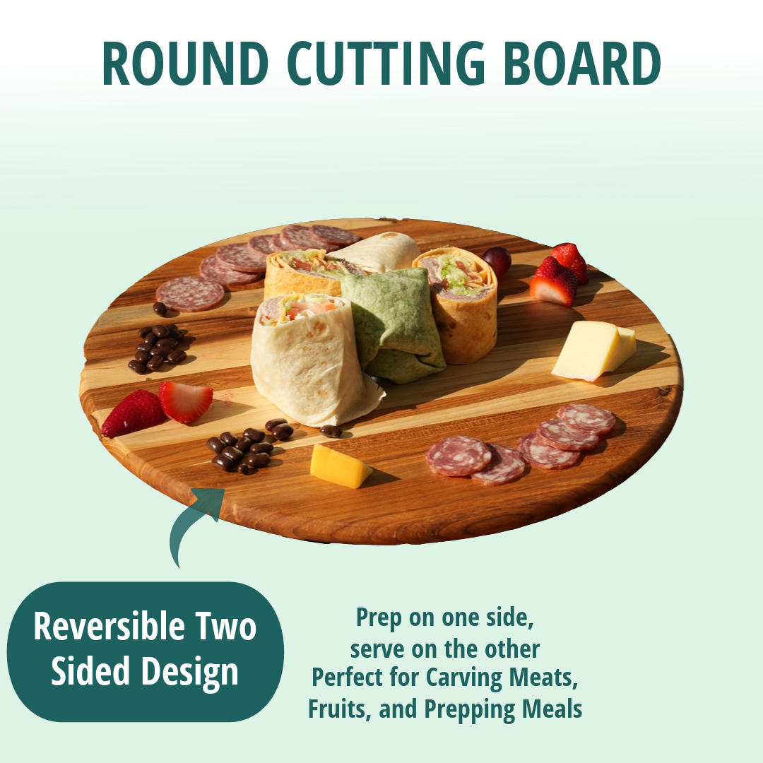 EcoDecors 16" Round Teak Cutting Board, FSC Certified Solid Wood, Edge Grain, Carving Board for Kitchen & Brisket