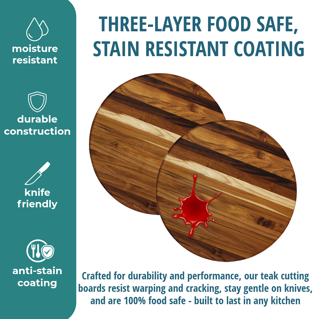 EcoDecors 16" Round Teak Cutting Board, FSC Certified Solid Wood, Edge Grain, Carving Board for Kitchen & Brisket